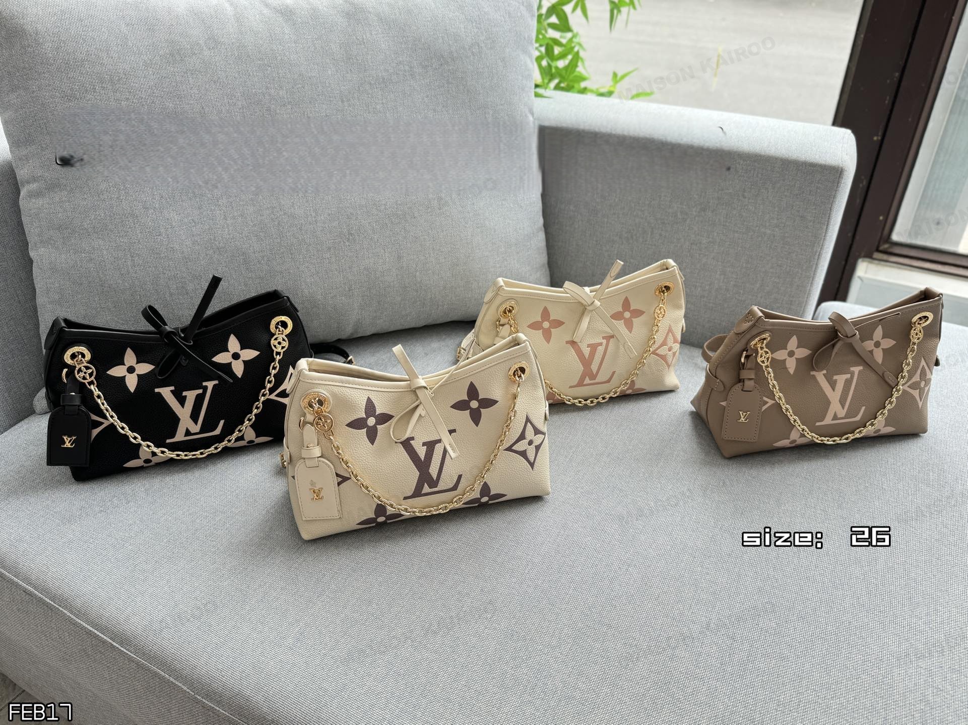 Louis Vuitton LV Carryall BB Bicolor Oversized Monogram Embossed Leather Bow Chain Hobo Shoulder Bag - KAIROO