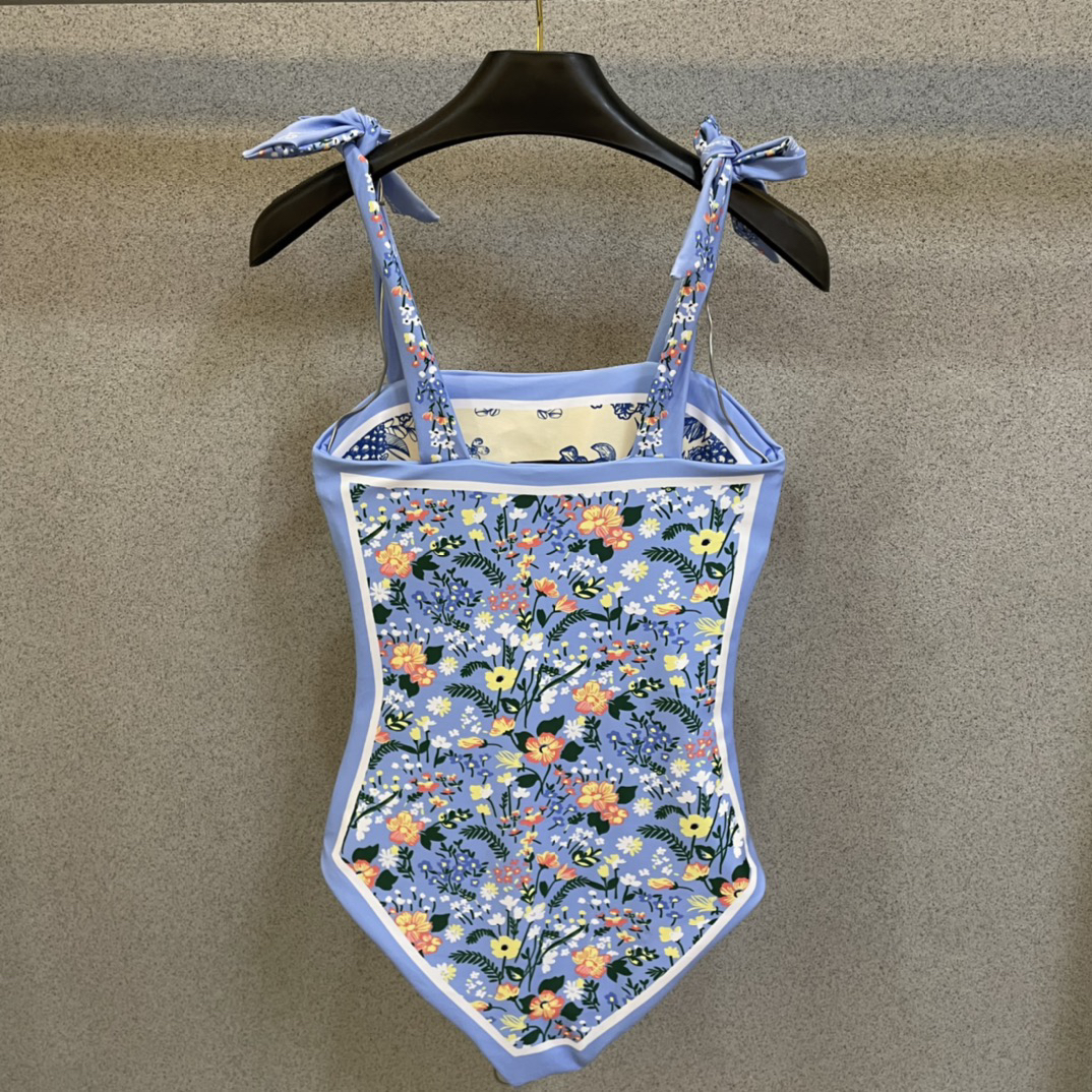 Gucci Reversible Floral Print Blue Square Neck Tie Strap One-Piece Swimsuit - KAIROO