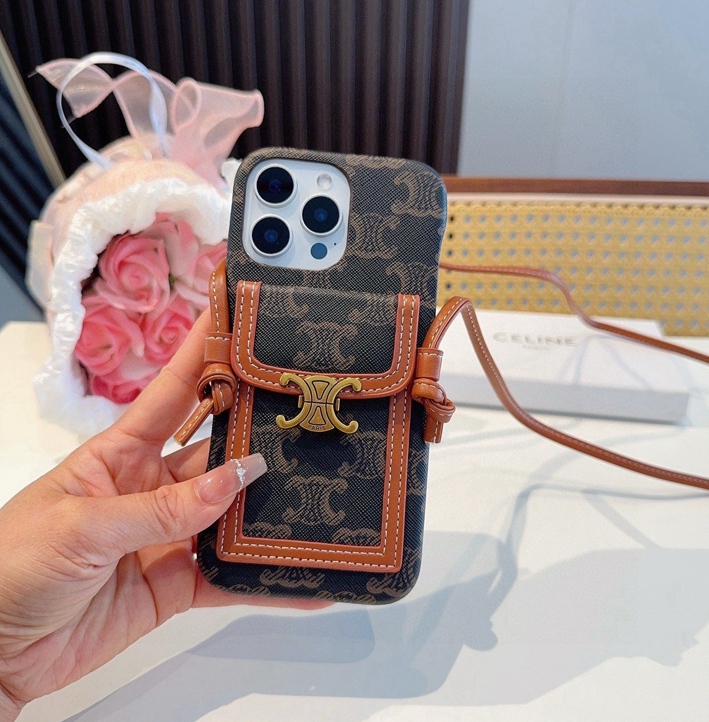 Celine Triomphe Monogram Canvas Leather Trim Flap Pouch Phone Case with Strap - KAIROO