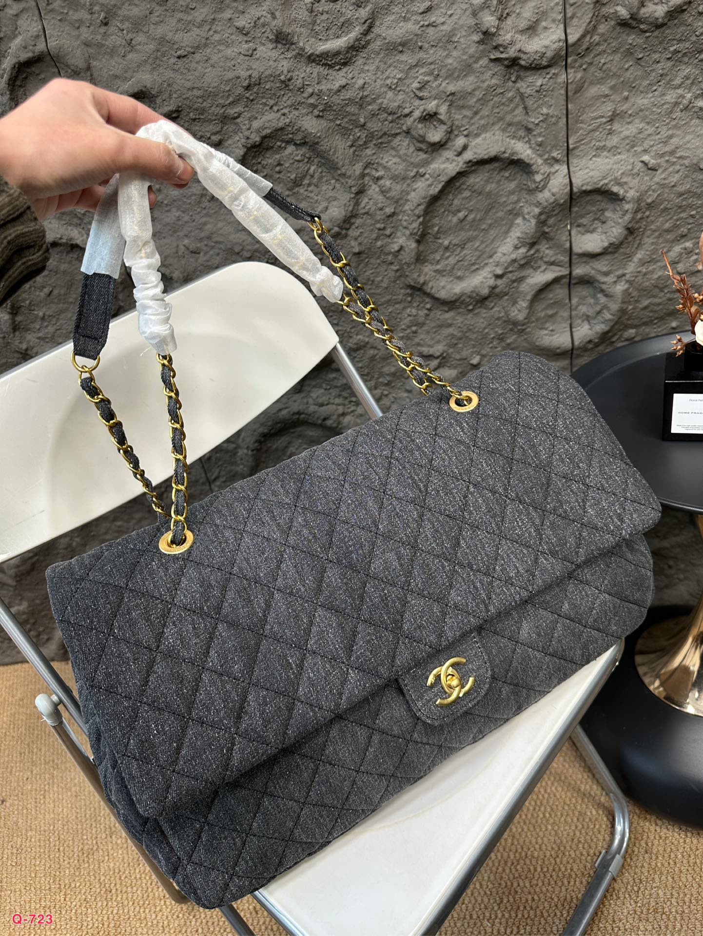 Chanel XXL CF Maxi Quilted Charcoal Washed Denim Airport Oversized Flap Chain Shoulder Bag - KAIROO