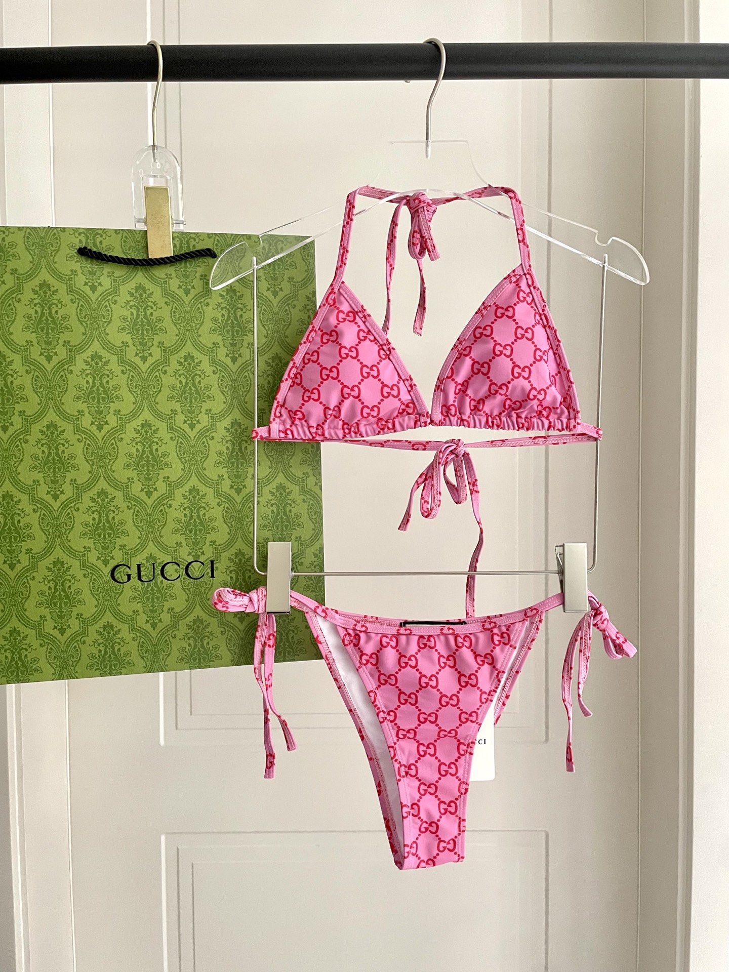 Gucci Pink GG Monogram Print Tie Strap Triangle Bikini Two-Piece Swimsuit - KAIROO
