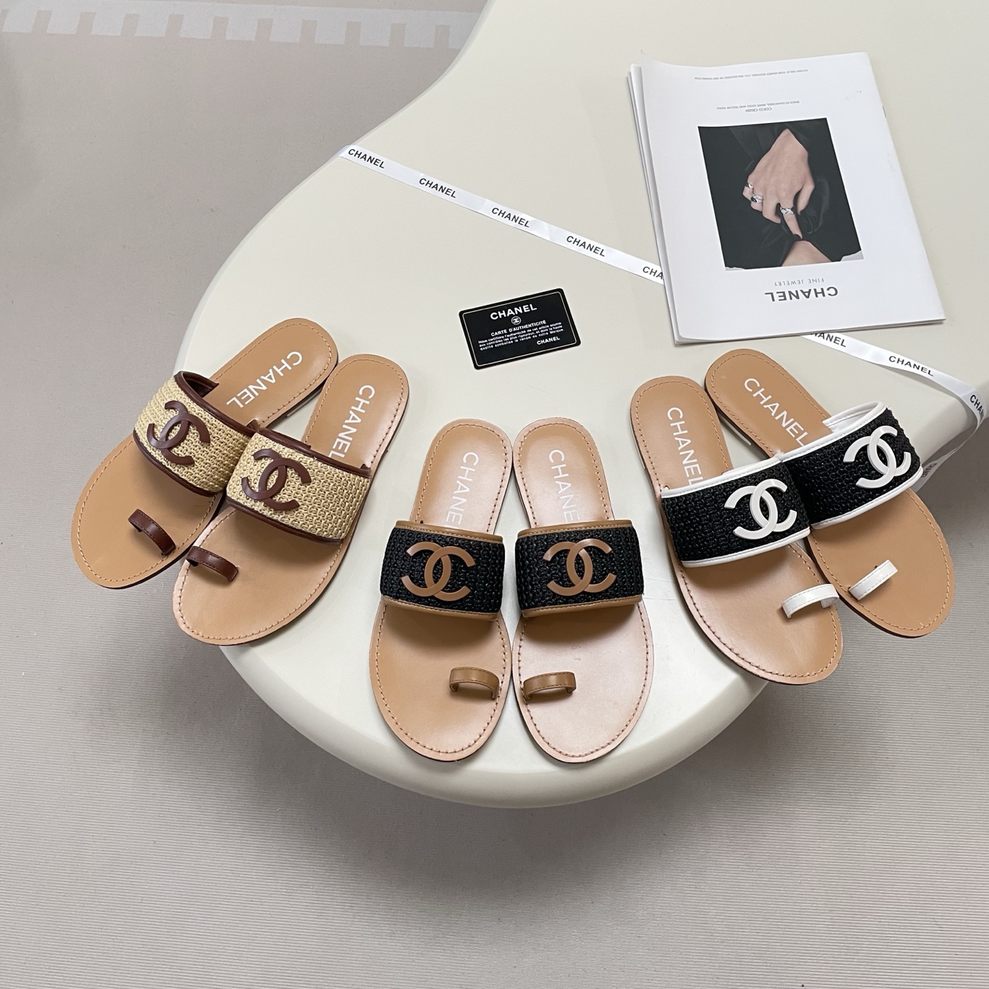 Chanel Interlocking CC Raffia Wide Braided Leather Toe-Loop Flat Slide Sandals - KAIROO