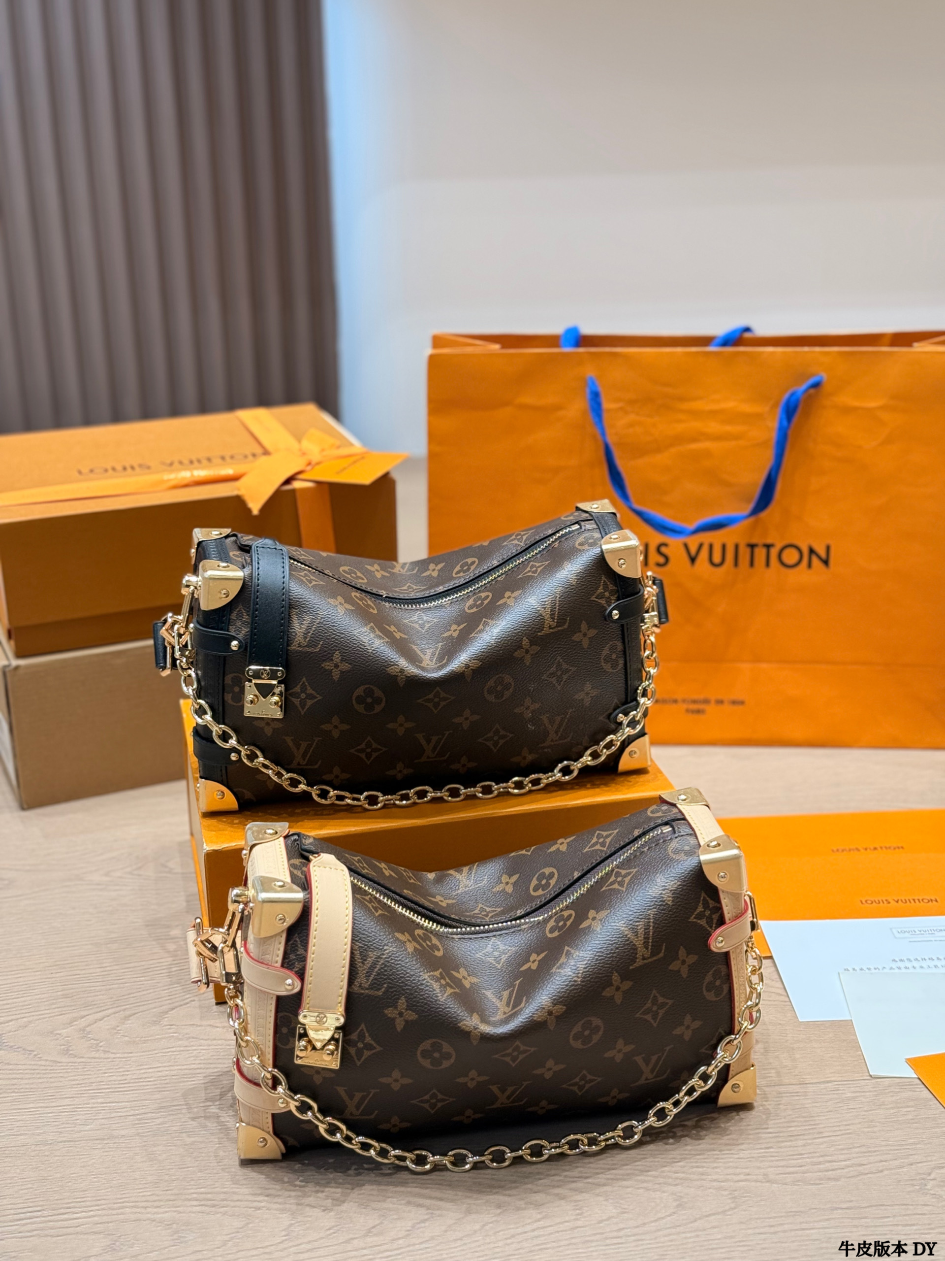 Louis Vuitton LV Side Trunk MM East West Monogram Canvas Natural & Black Trim S-Lock Soft Shoulder Bag - KAIROO