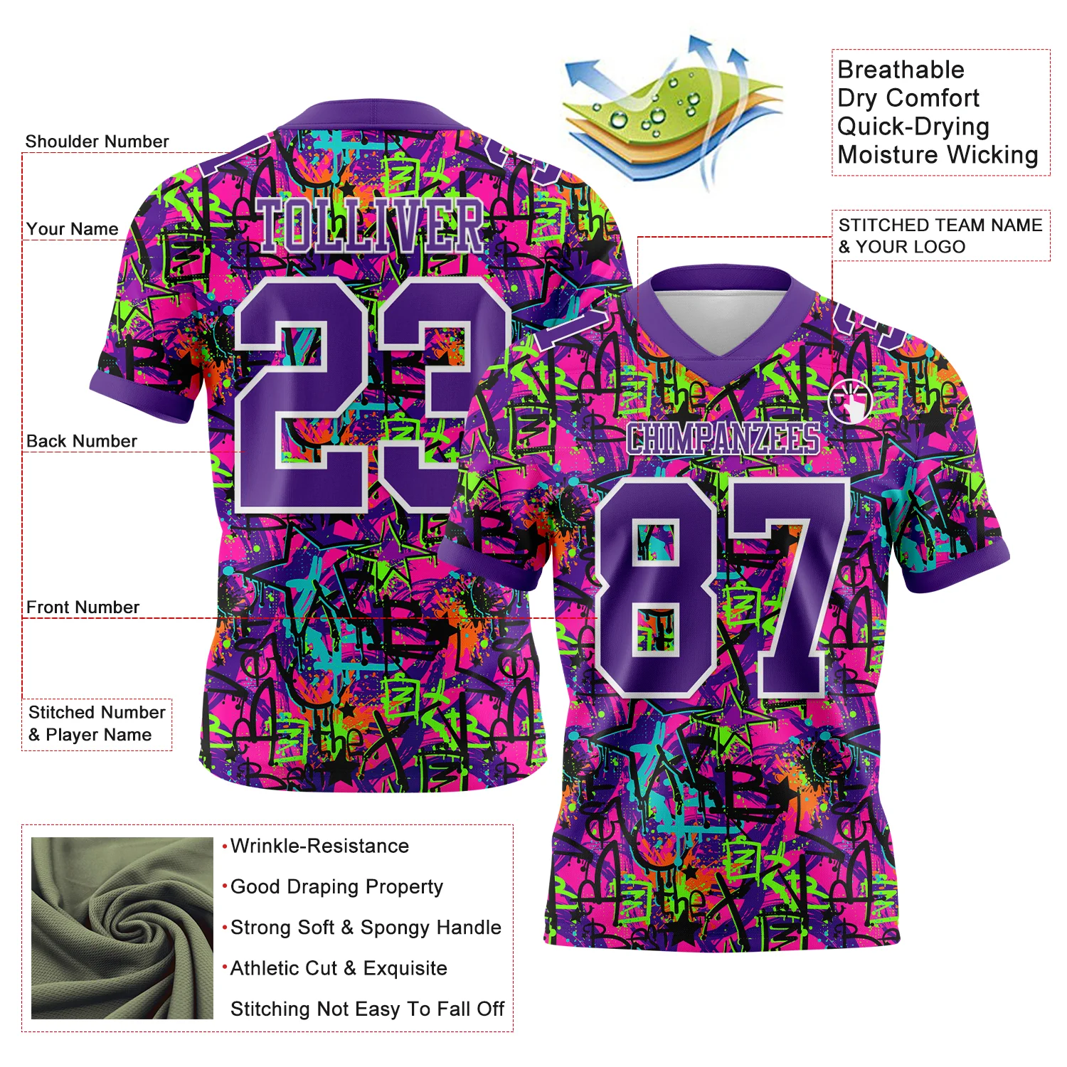 Custom Graffiti Pattern Purple-White 3D Pattern Splash Authentic Football Jersey