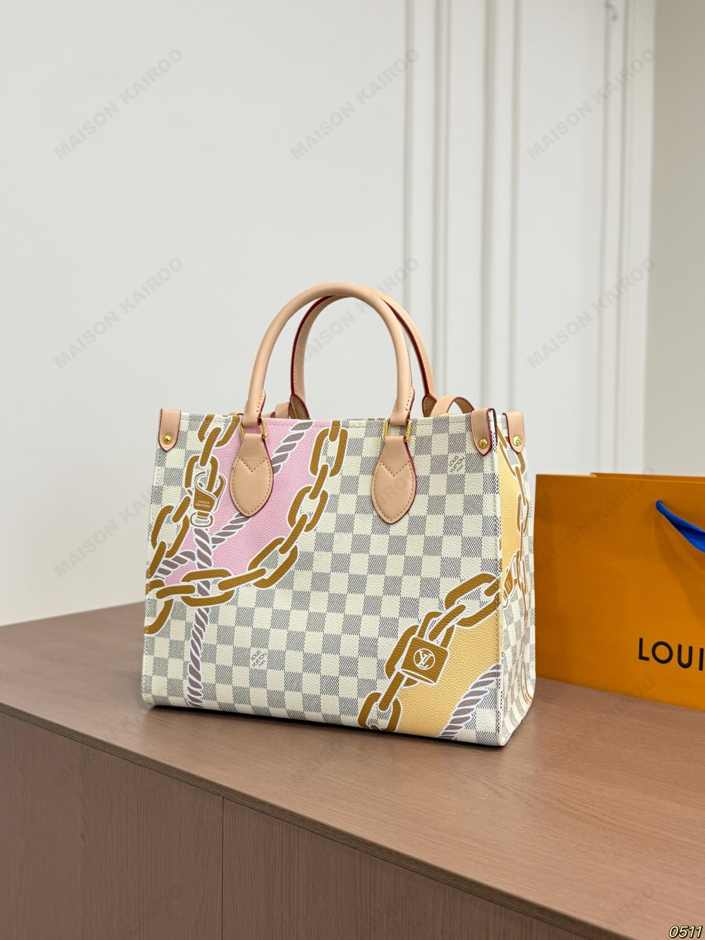 Louis Vuitton LV OnTheGo MM Damier Azur& Brown Monogram Canvas Leather Chain Rope Print Top Handle Tote Bag - KAIROO
