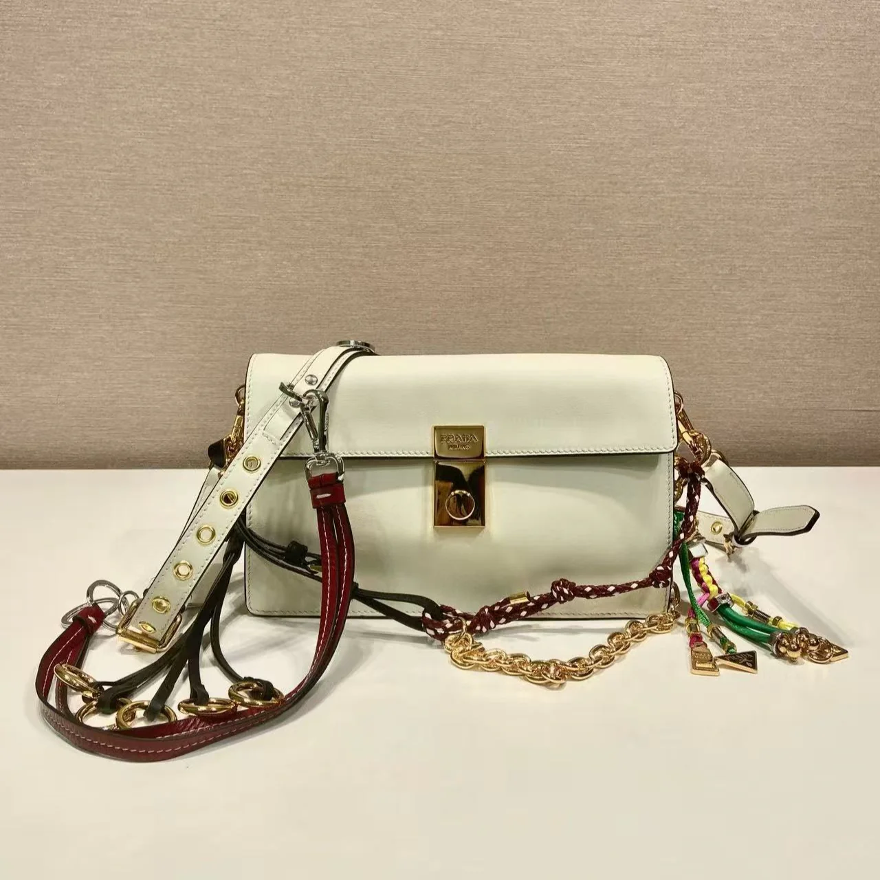Prada  Soft Sound Shoulder Bag 24cm Ivory Leather With Charms