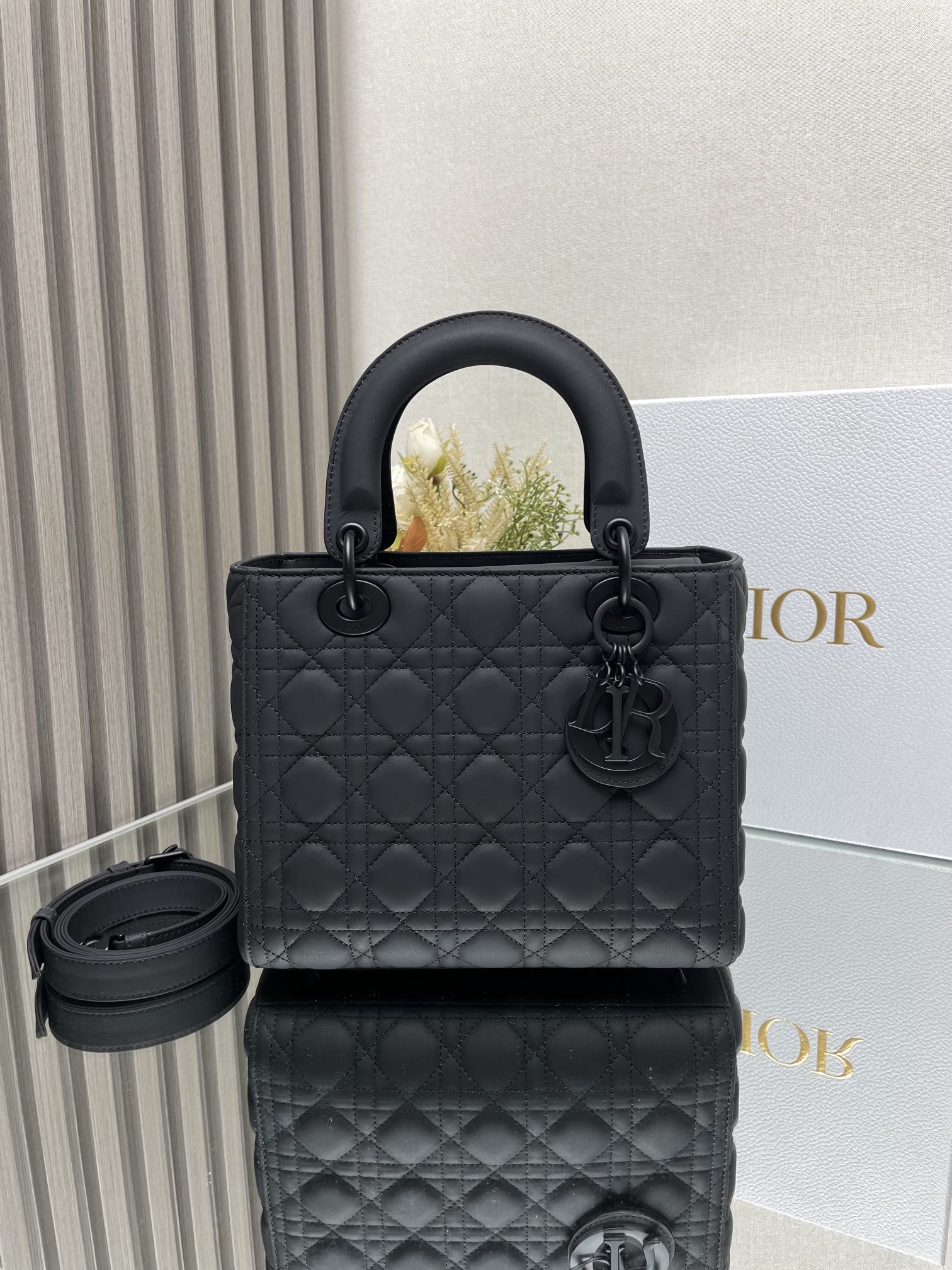 Medium Lady Dior Bag in Black Outramatte Cannage Calfskin 