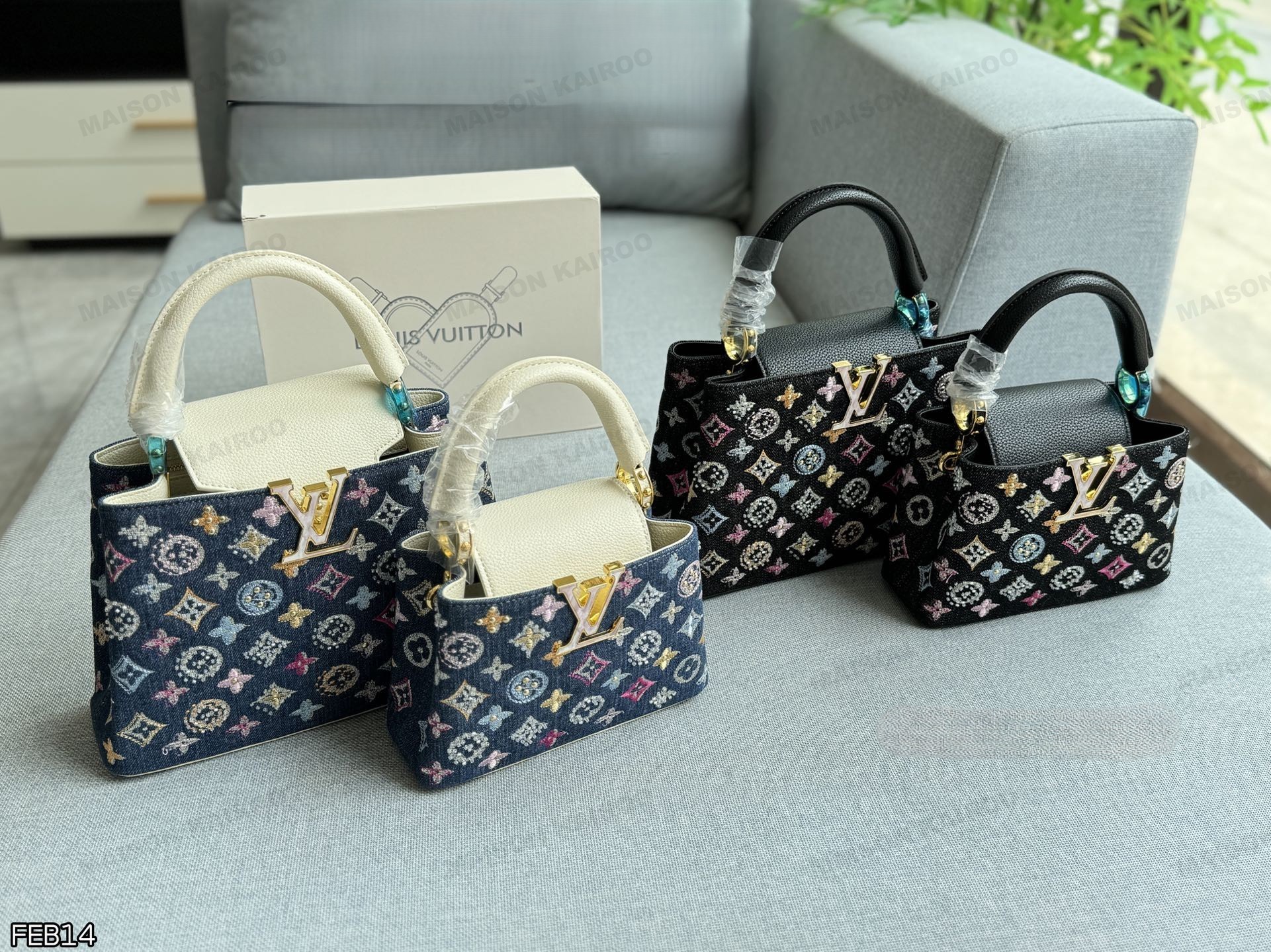 Louis Vuitton LV Capucines BB/Mini Shell Inlay Logo Denim Multicolor Embroidery Leather Top Handle Bag - KAIROO