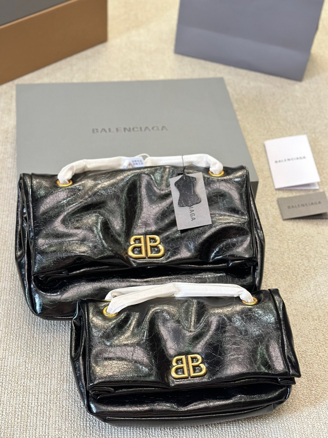 Balenciaga Monaco Black BB Gold Hardware Crumpled Leather Chain Shoulder Bag - KAIROO