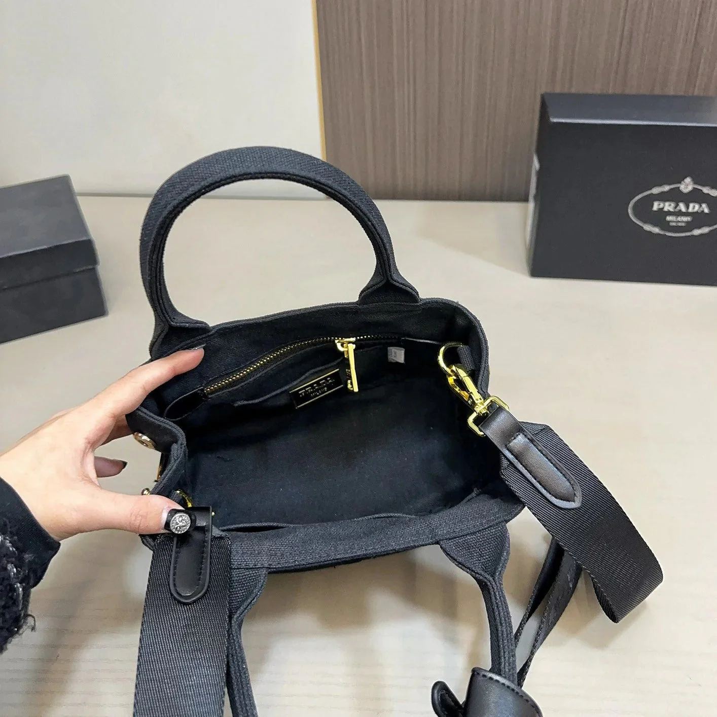 Prada EMBOSSED LOGO TOTE BAG 30 IN BLACK FABIC