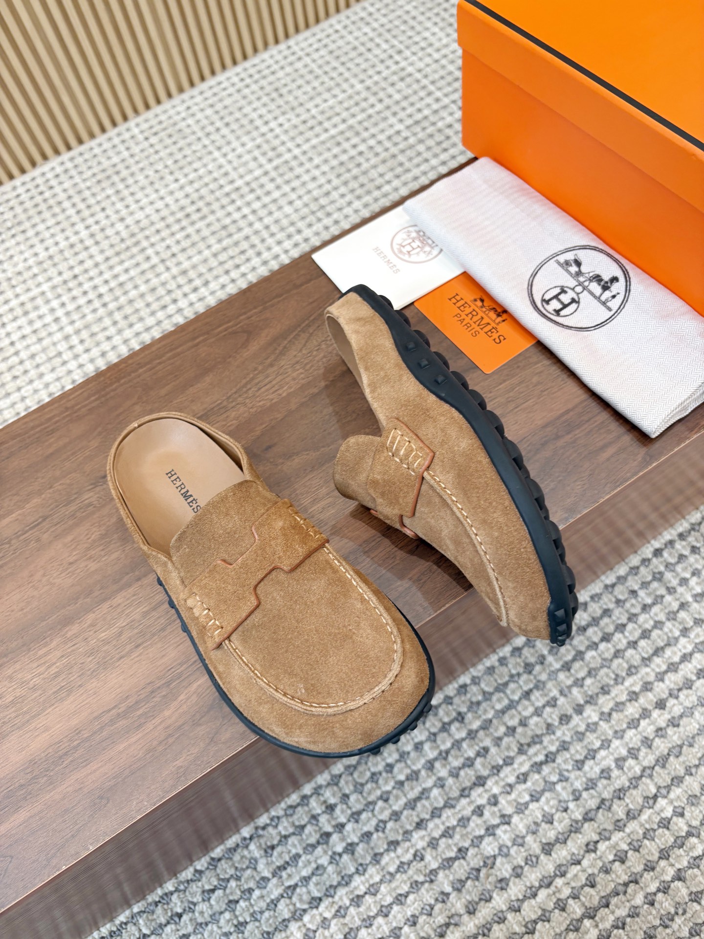 Hermès Brun Fumé H Cut-Out Suede Leather Go Loafer Mules - KAIROO
