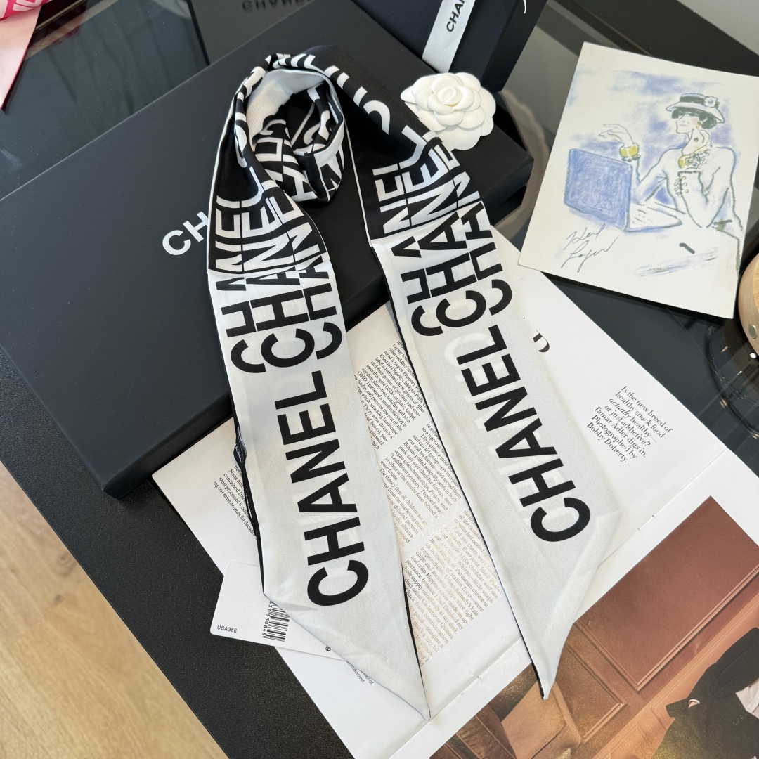 Chanel Twilly Black & White Logo Print Double-Sided Silk Twill Slim Scarf - KAIROO