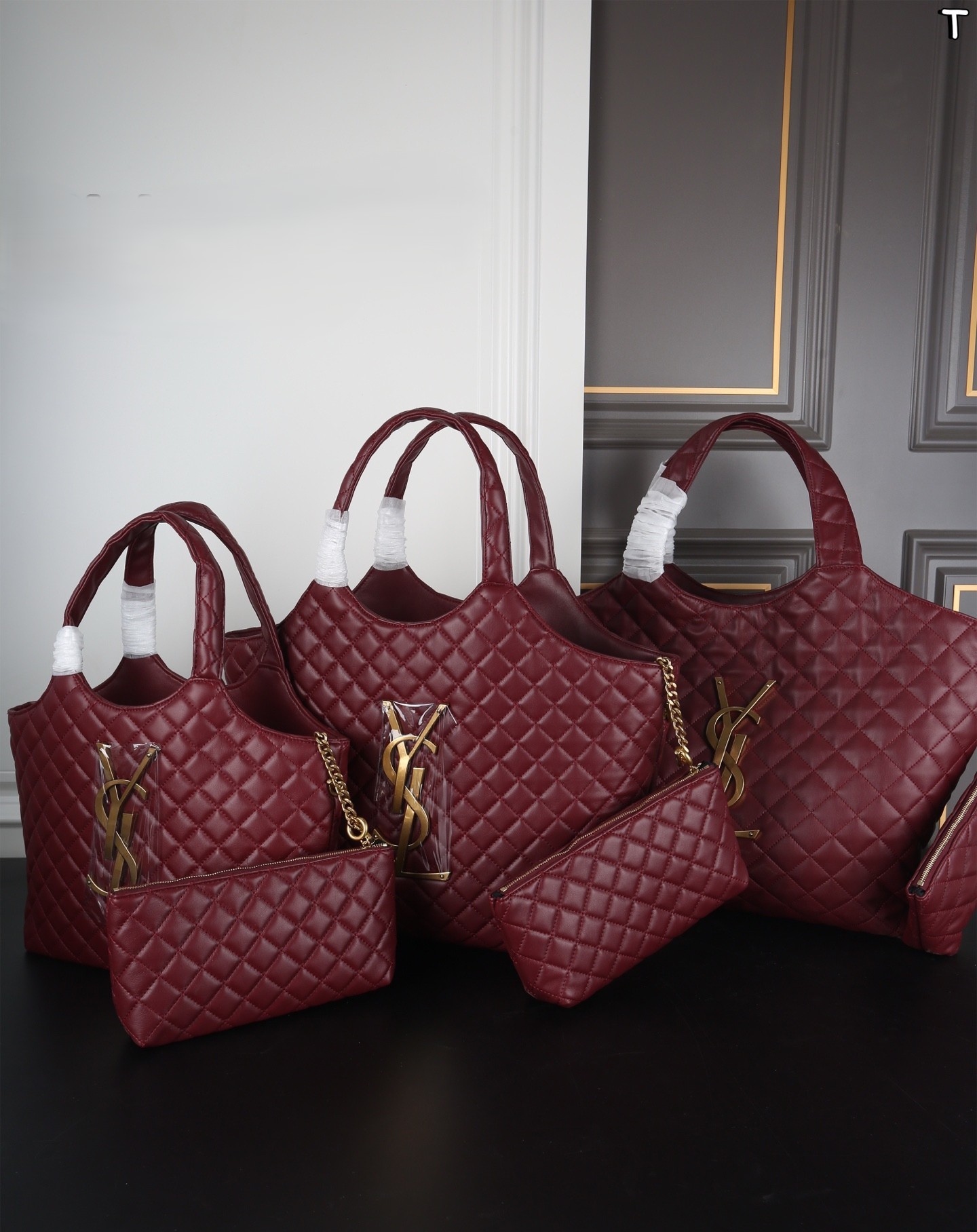 Saint Laurent YSL Icare Maxi/Med/Small Red Monogram Quilted Leather Shopping Tote Bag With Pouch - KAIROO