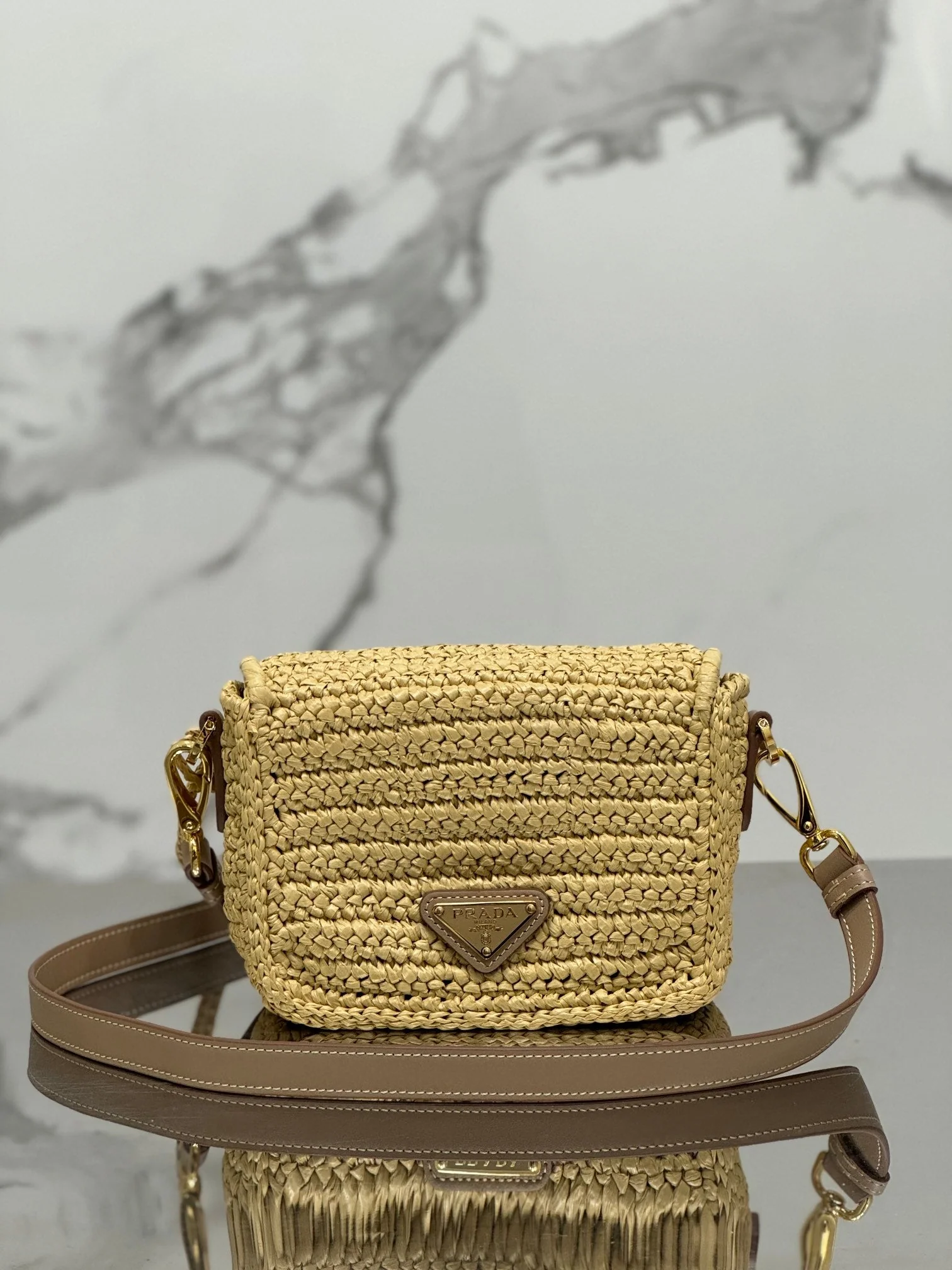 Prada WOVEN SMALL FLAP BAG 16 IN BEIGE RAFFIA GOLD HARDWARE