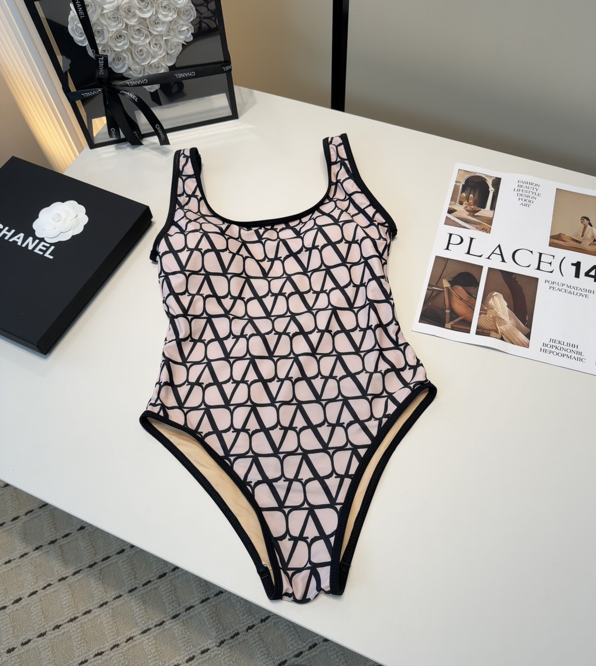 Valentino Garavani VLogo Signature Print Pink Black Monogram Scoop Back One-Piece Swimsuit - KAIROO