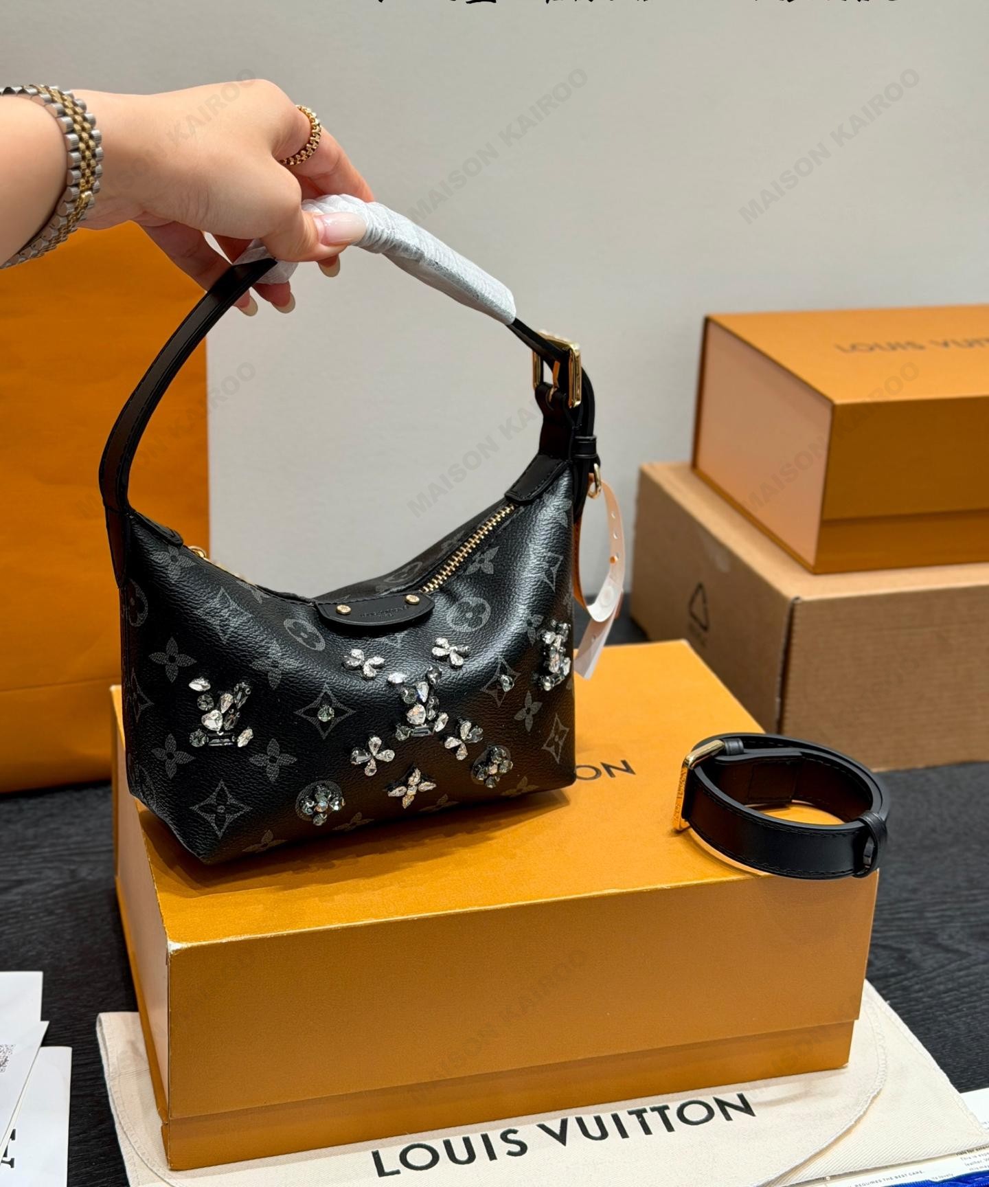Louis Vuitton LV Boulogne Pochette Black Monogram Crystal Embellished Leather Hobo Lunch Box Shoulder Bag - KAIROO