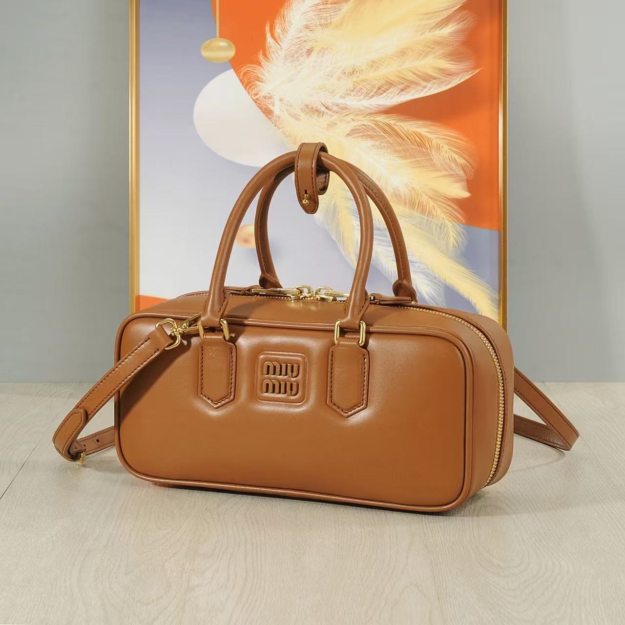 Miu Miu Arcade Calf Leather Boston Bag-Camel