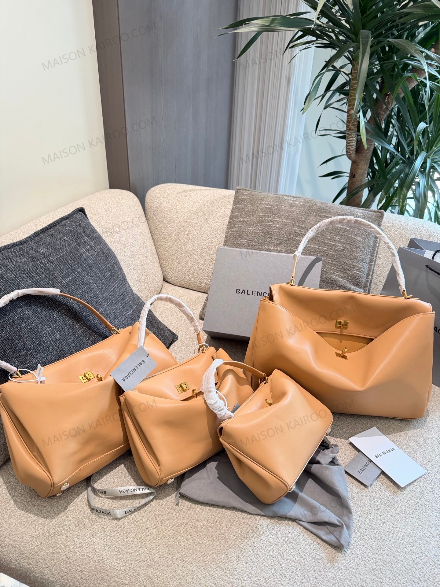 Balenciaga Rodeo Beige Khaki Slouchy Kelly Smooth Leather Turn Lock Tote Top Handle Bag - KAIROO