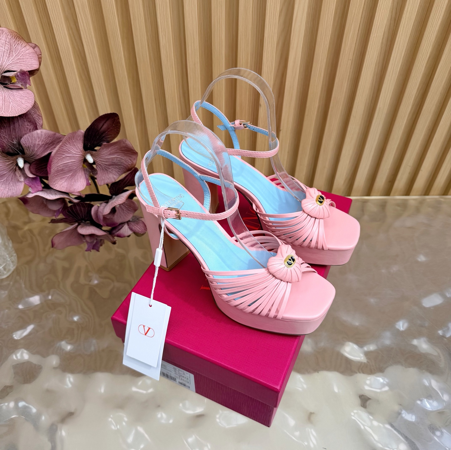 Valentino Garavani Pink VLogo Crystal Brooch Satin Multi Straps Platform Square Toe Chunky Heel Sandals - KAIROO