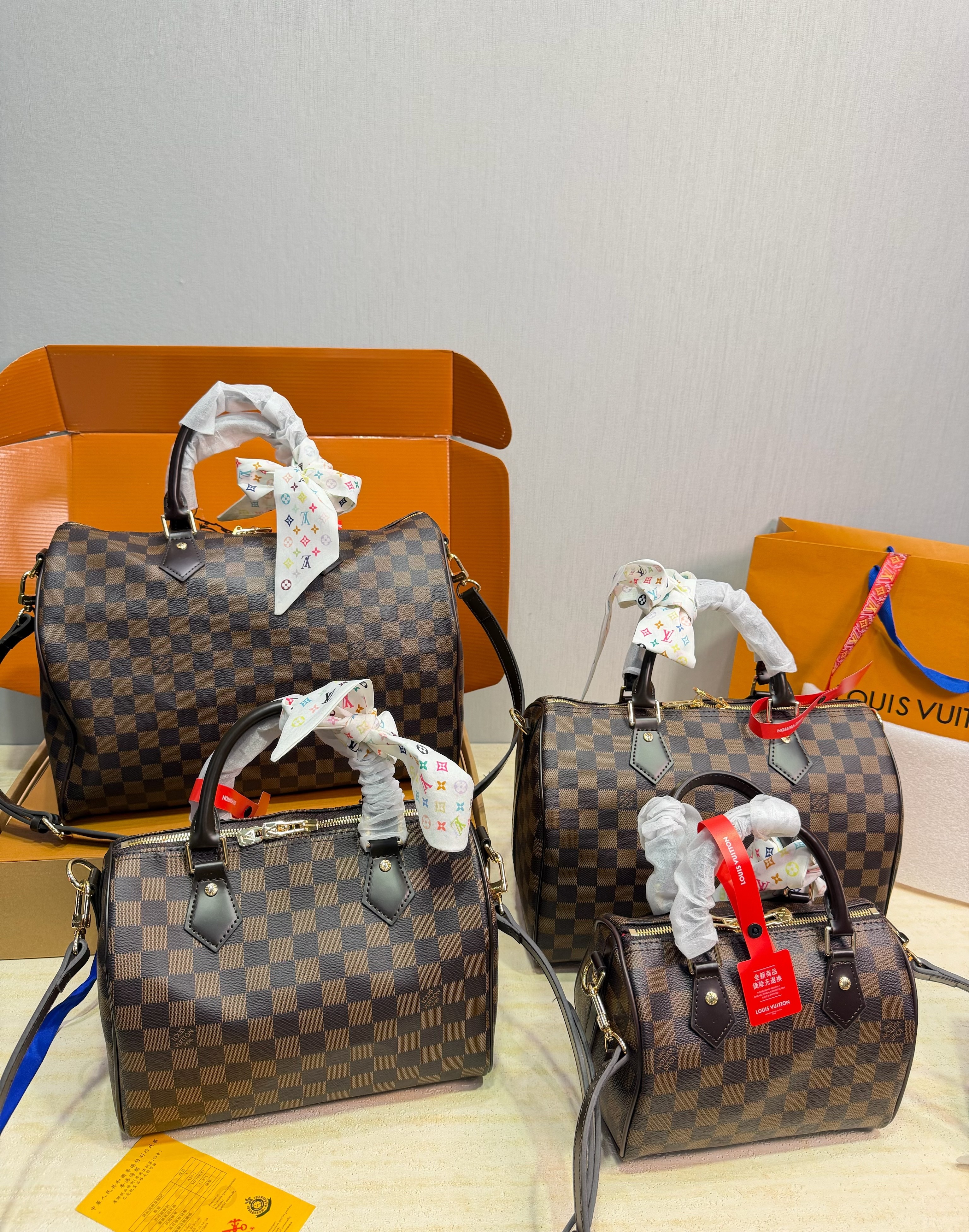 Louis Vuitton LV Full Size Speedy Damier Azur Brown Check Canvas Vachetta Leather Barrel Top Handle Crossbody Bag - KAIROO
