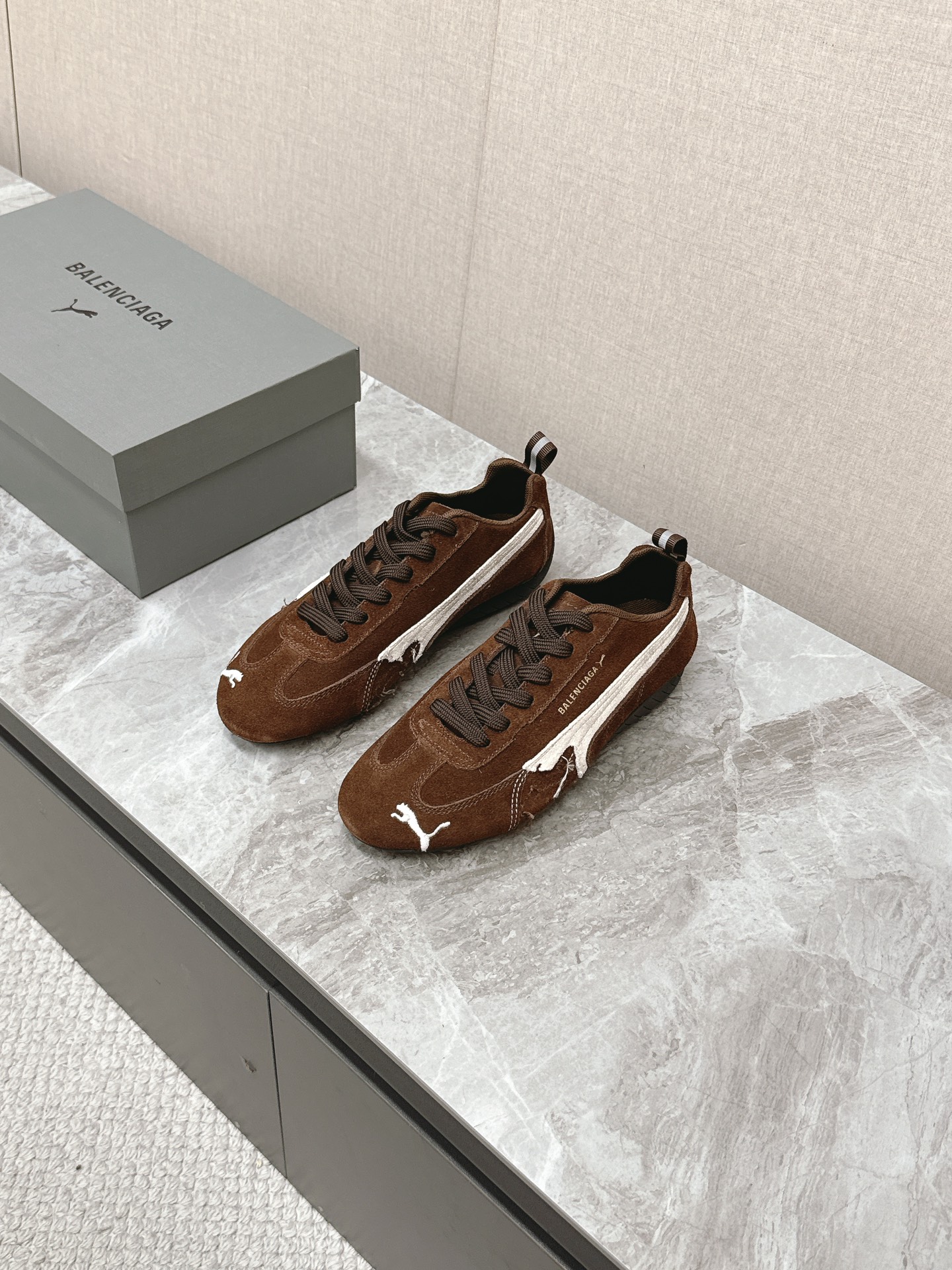 Balenciaga x Puma Brown Worn-Out Broken Logo Leather Suede Speed GAT Sneakers - KAIROO