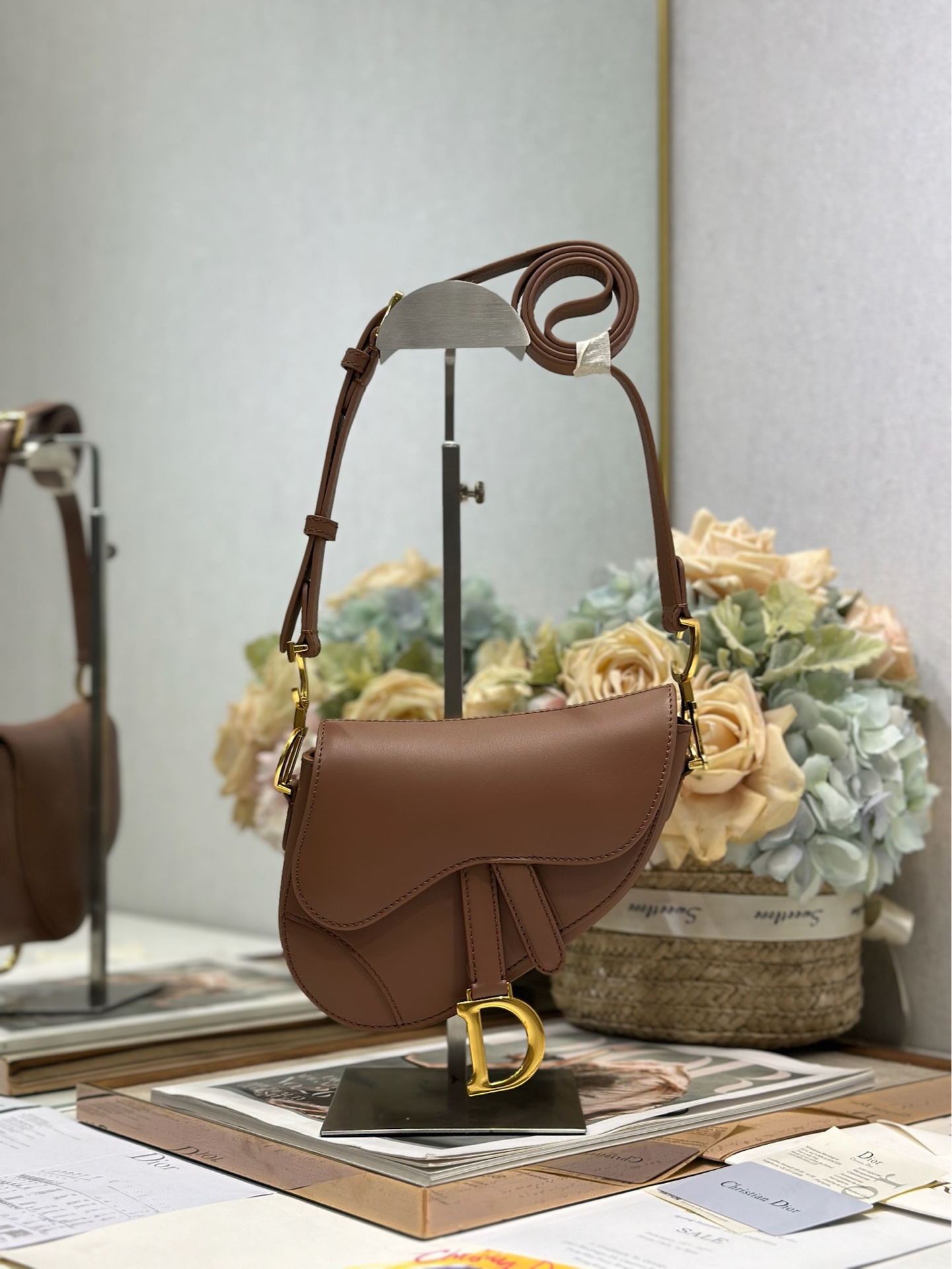 Dior Mini Soft Saddle Shoulder Bag in Brown Smooth leather