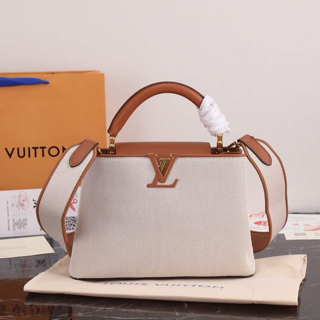 Louis Vuitton Bags lv Calfskin handles and canvas tote bag