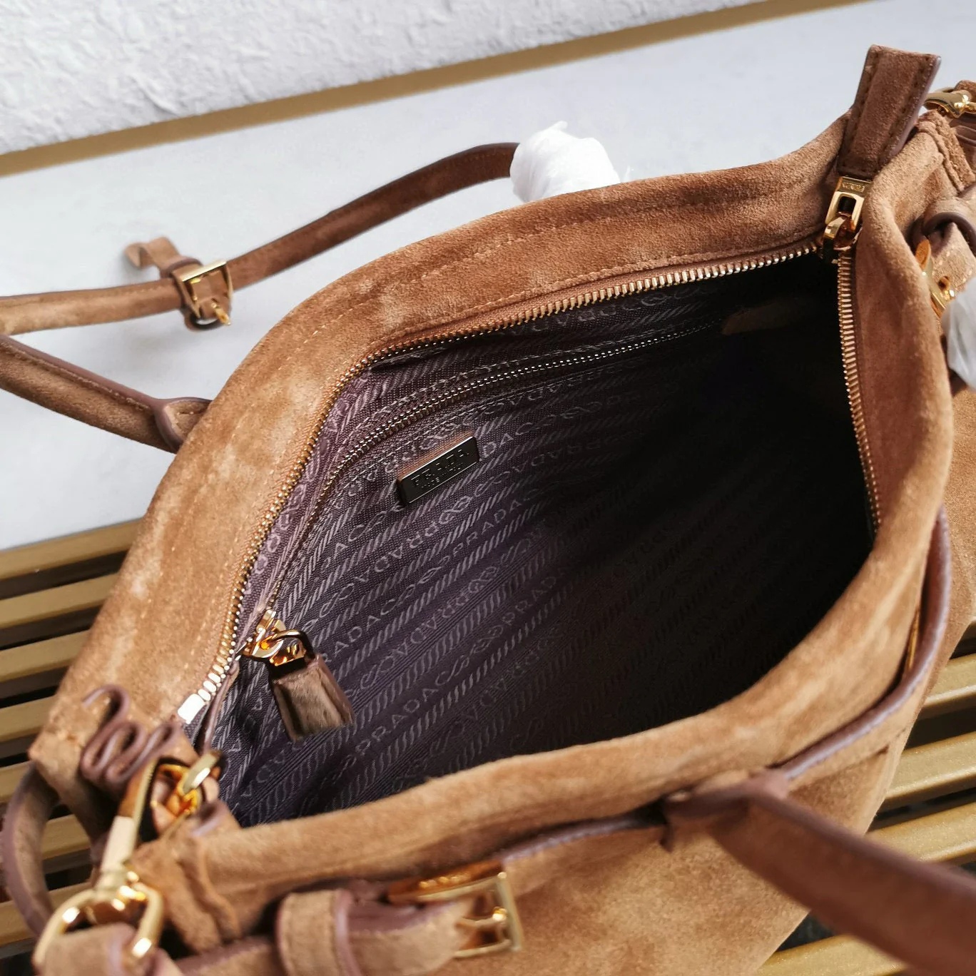 Prada Medium Bonnie 32cm Brown Suede Bag