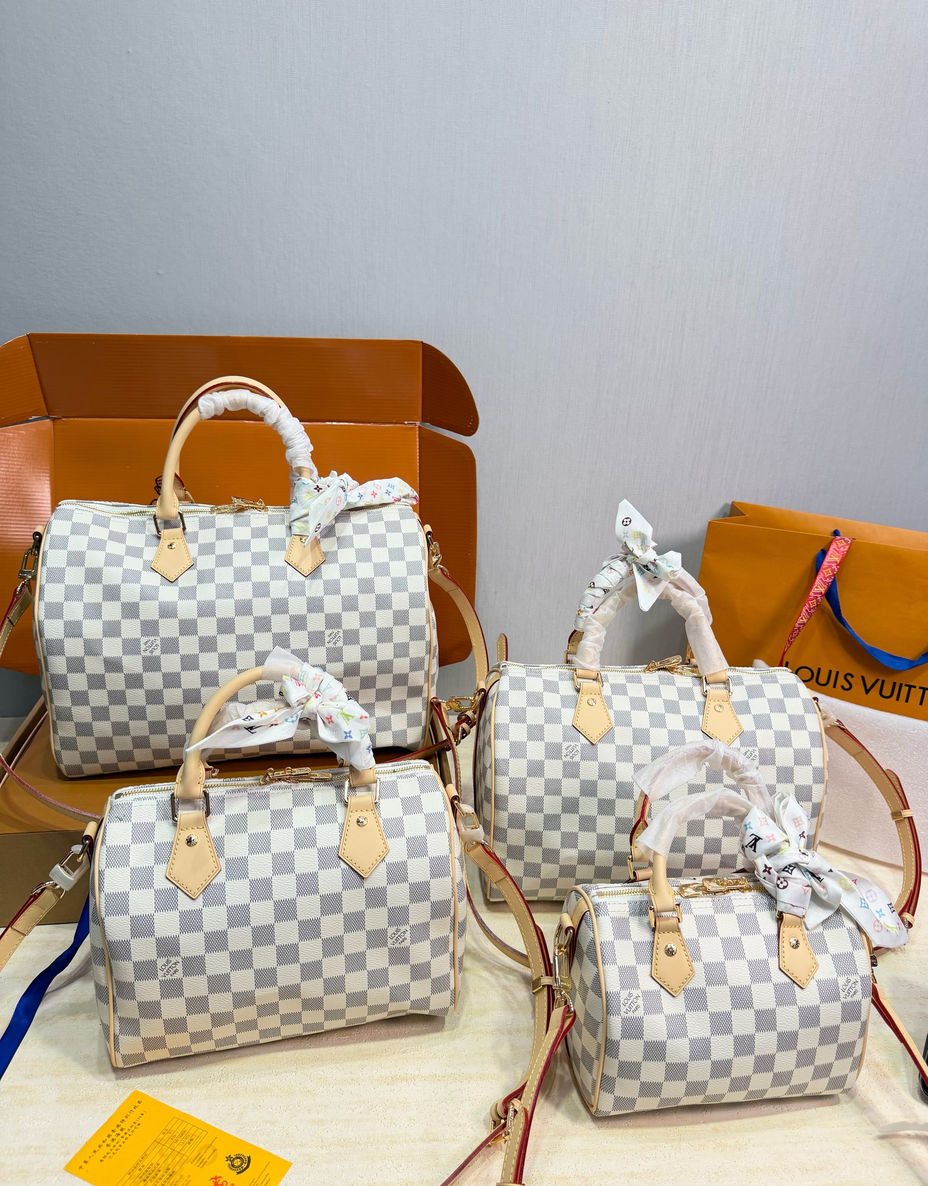 Louis Vuitton LV Full Size Speedy Damier Azur White Check Canvas Vachetta Leather Barrel Top Handle Crossbody Bag - KAIROO