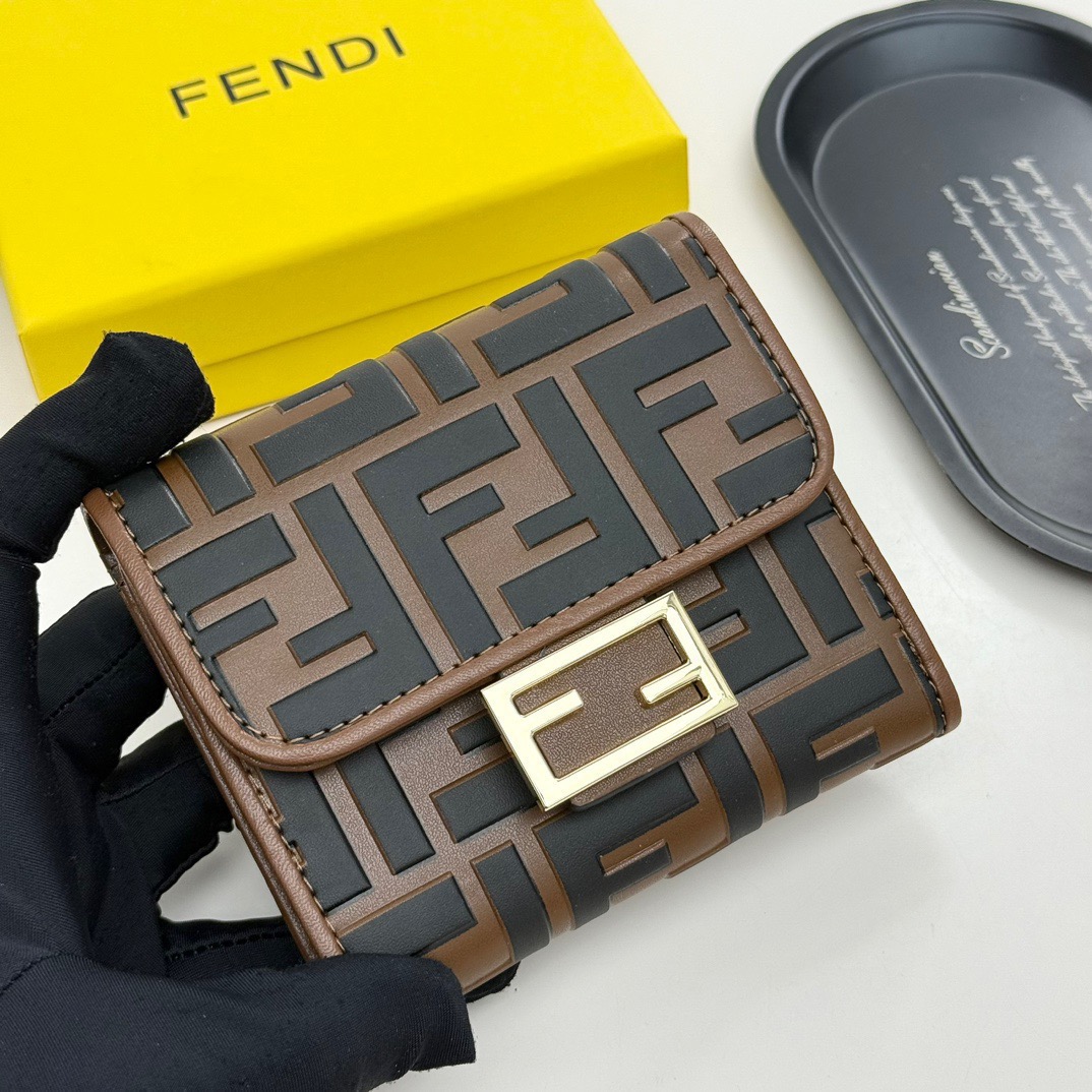 Fendi Square FF Monogram Embossed Calfskin Trifold Compact Wallet - KAIROO