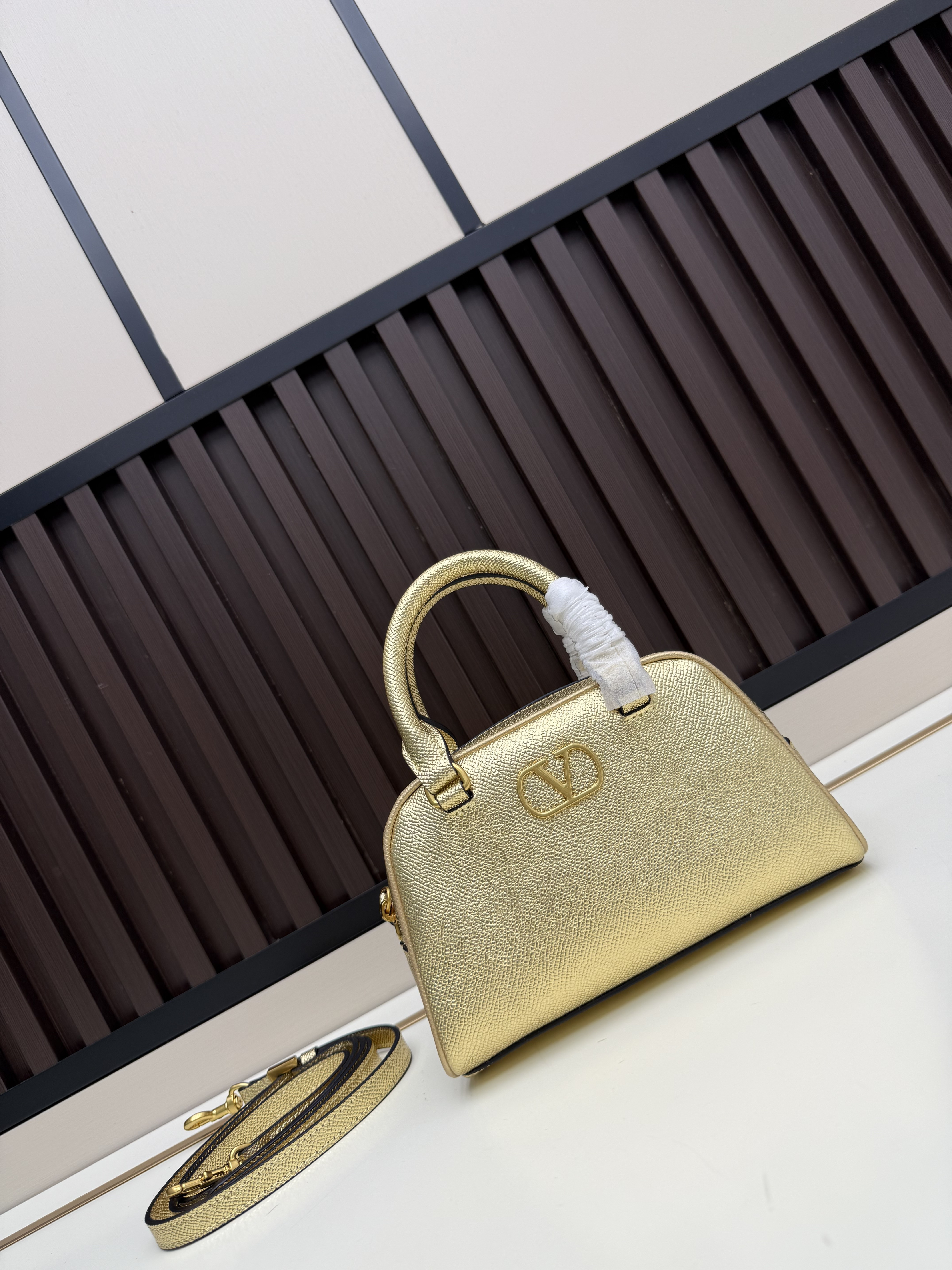 Valentino Garavani Mini  Saffiano Leather Gold VLogo Signature Top Handle Dome Bowling Bag - KAIROO