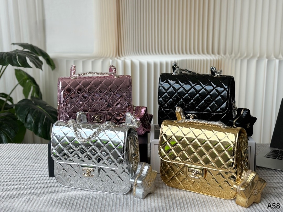 Chanel 24C CF Square Mirror Metallic Quilted Leather Backpack Shoulder Bag With Star Charm Pouch - KAIROO