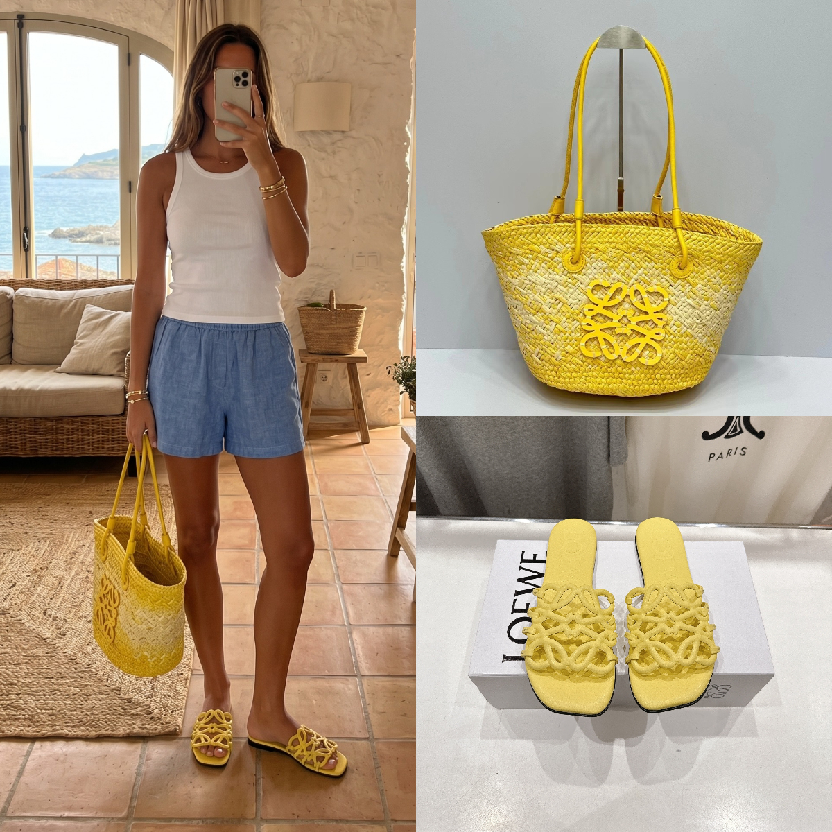 Loewe Paula's Ibiza Yellow Woven Raffia Leather Anagram Basket Tote Bag & Open Toe Flat Sandals Basket Set - KAIROO