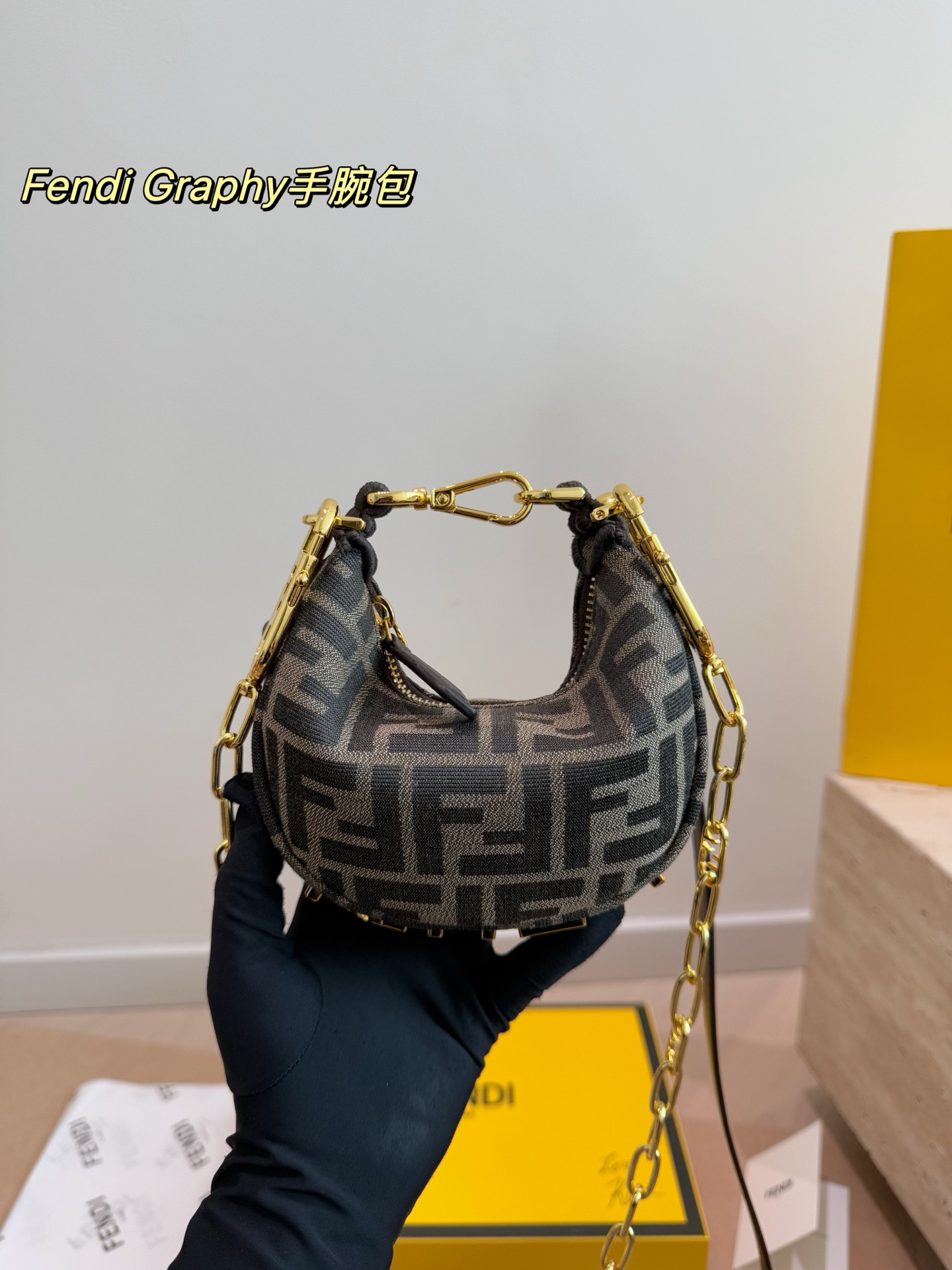 Fendi Monogram Graphy Moon Canvas Mini Gold Logo Chain Bag - KAIROO