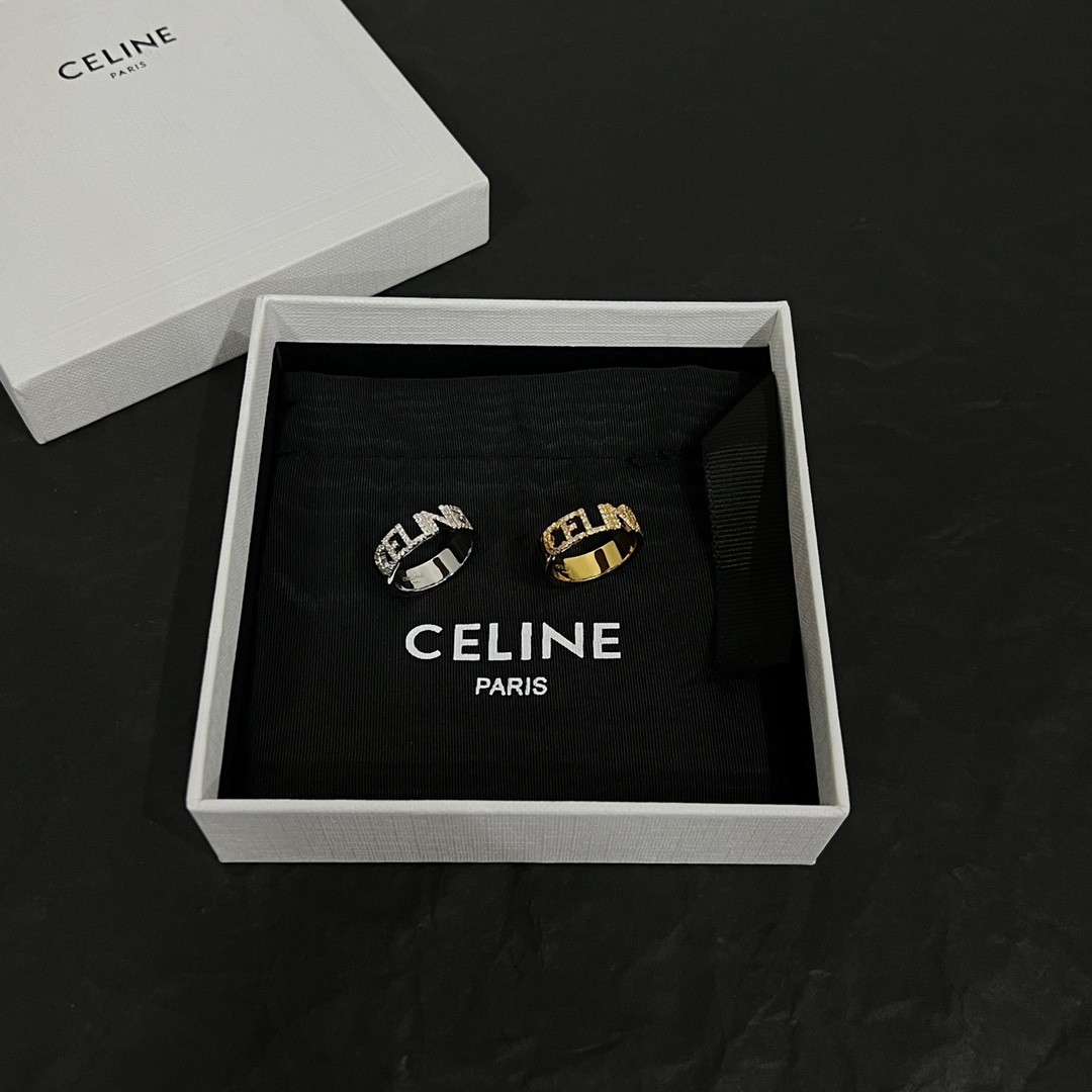 Celine Gold & Silver Logo Pave Crystal Embellished Wide Band Ring - KAIROO