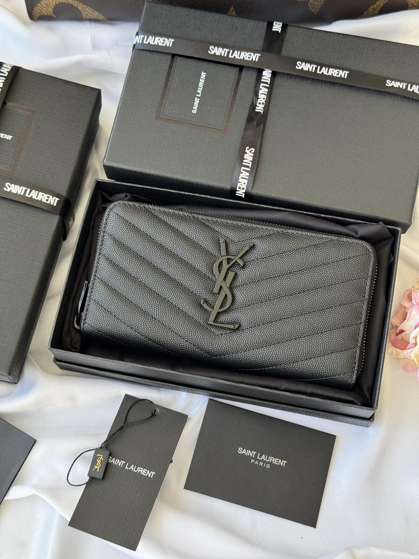 Saint Laurent Black Cassandre Zip Around Wallet in Grained leather