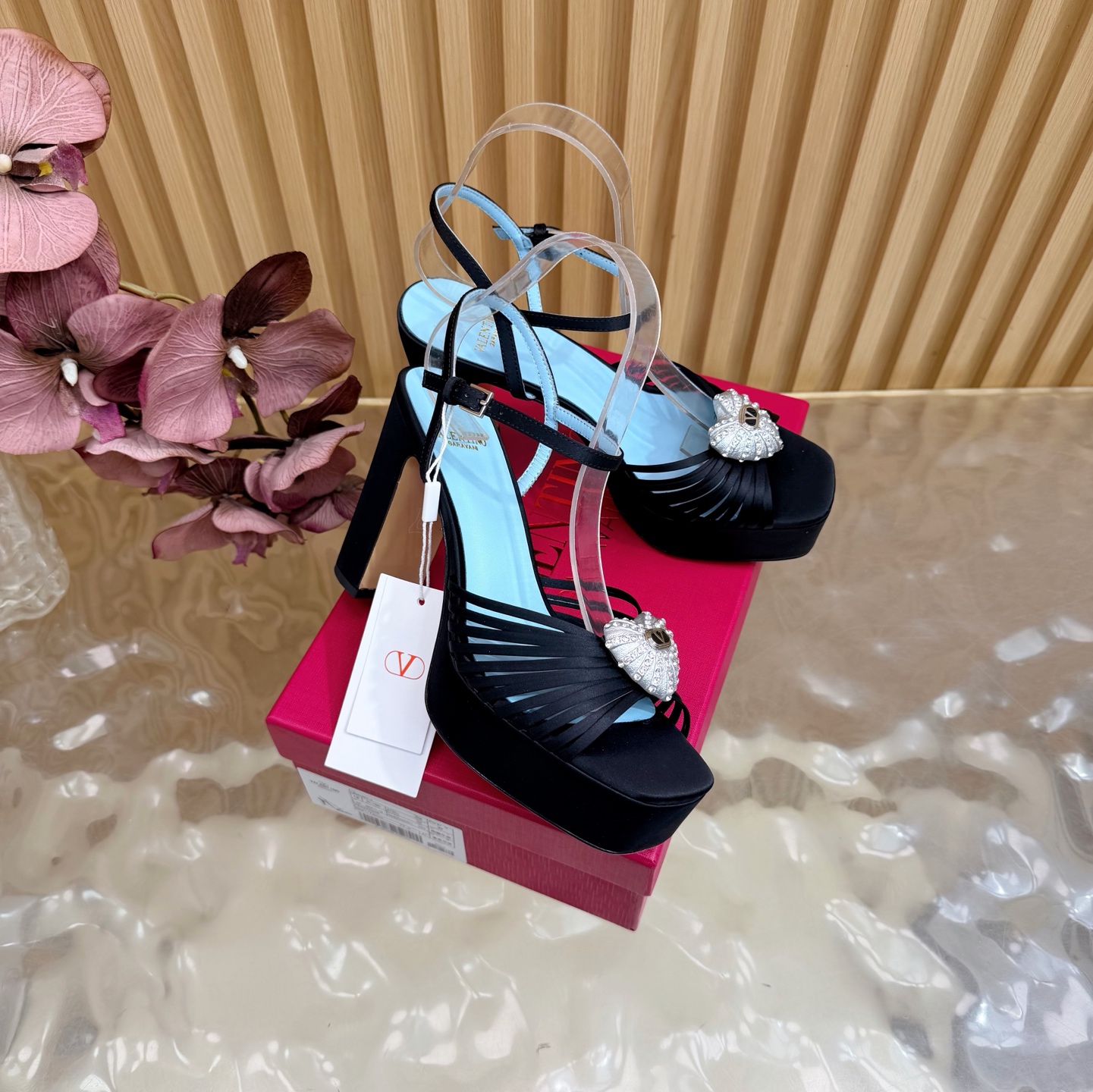 Valentino Garavani Black VLogo Crystal Brooch Satin Multi Straps Platform Square Toe Chunky Heel Sandals - KAIROO