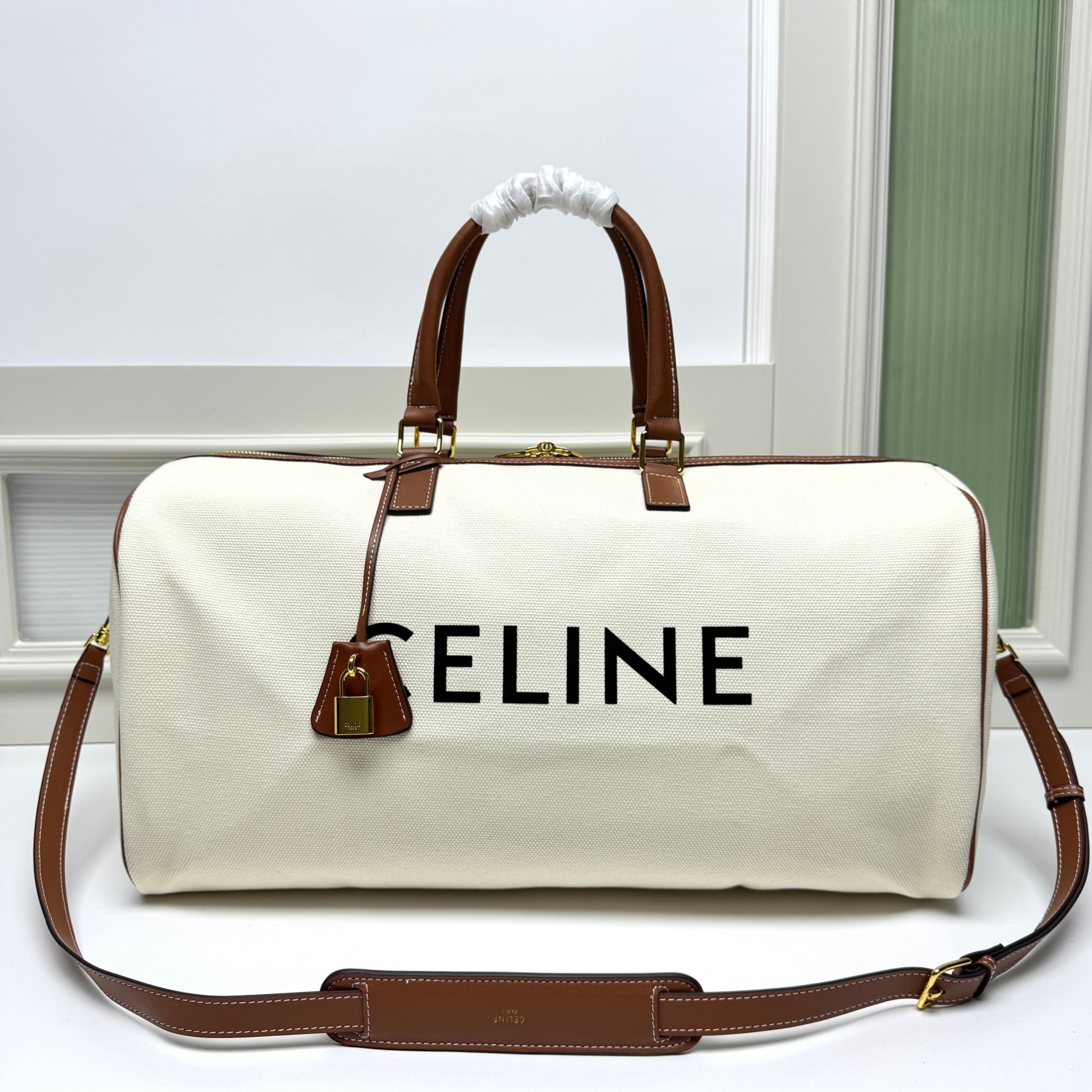 Celine XL Triomphe Textile Canvas Black Logo And Gold Padlock Travel Bag - KAIROO