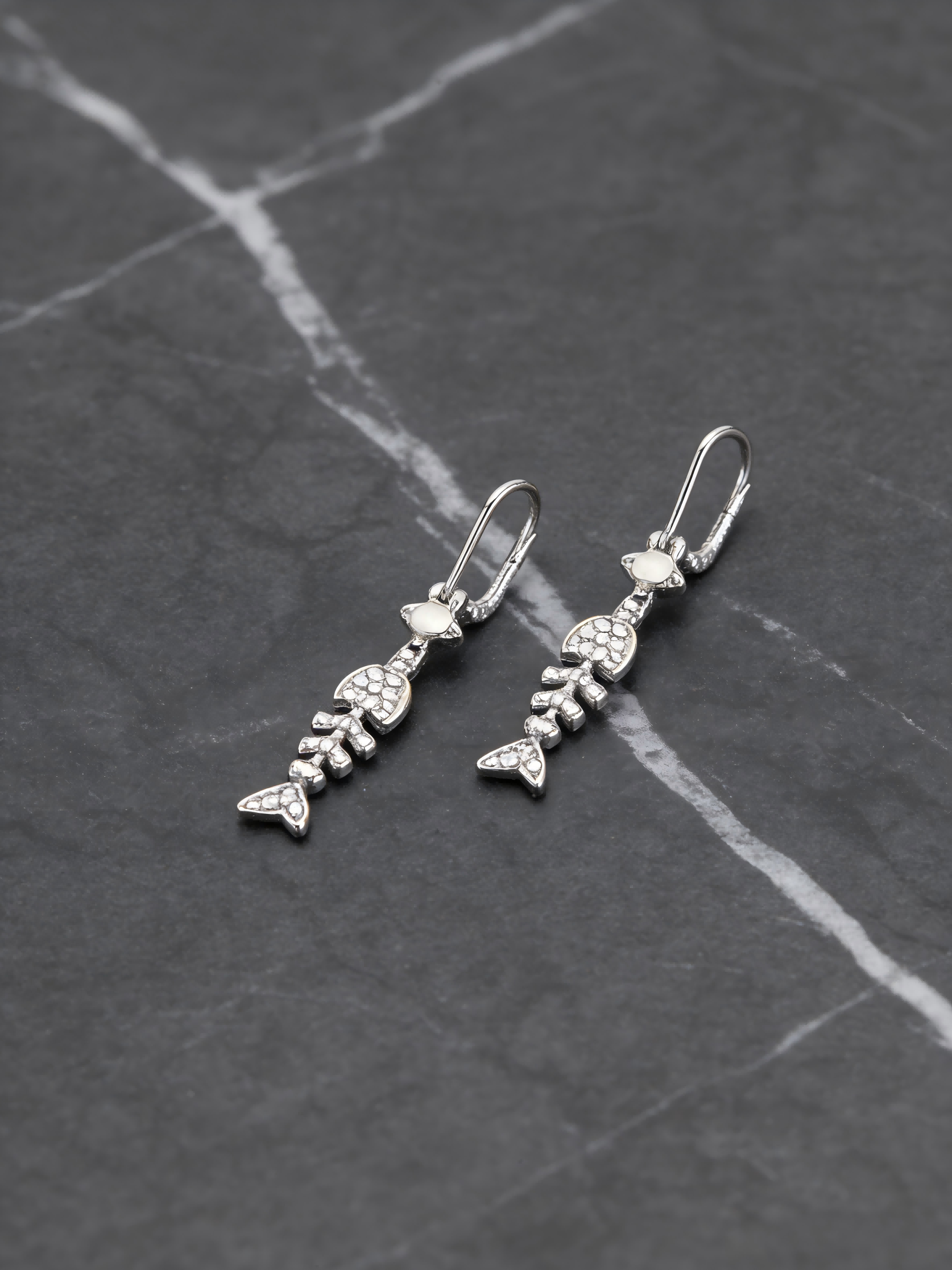 Silver Fishbone Drop Earrings | Dainty Rhinestone Minimalist Jewelry for Women