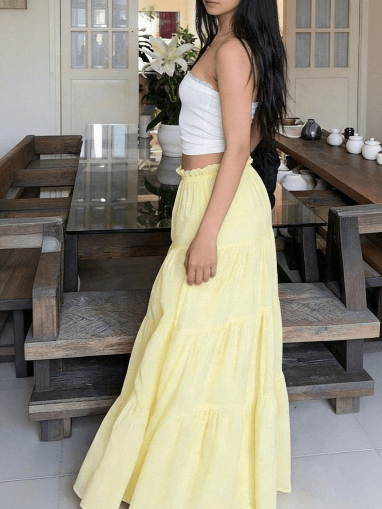 Women's Pale Yellow Pleated Summer Skirt
