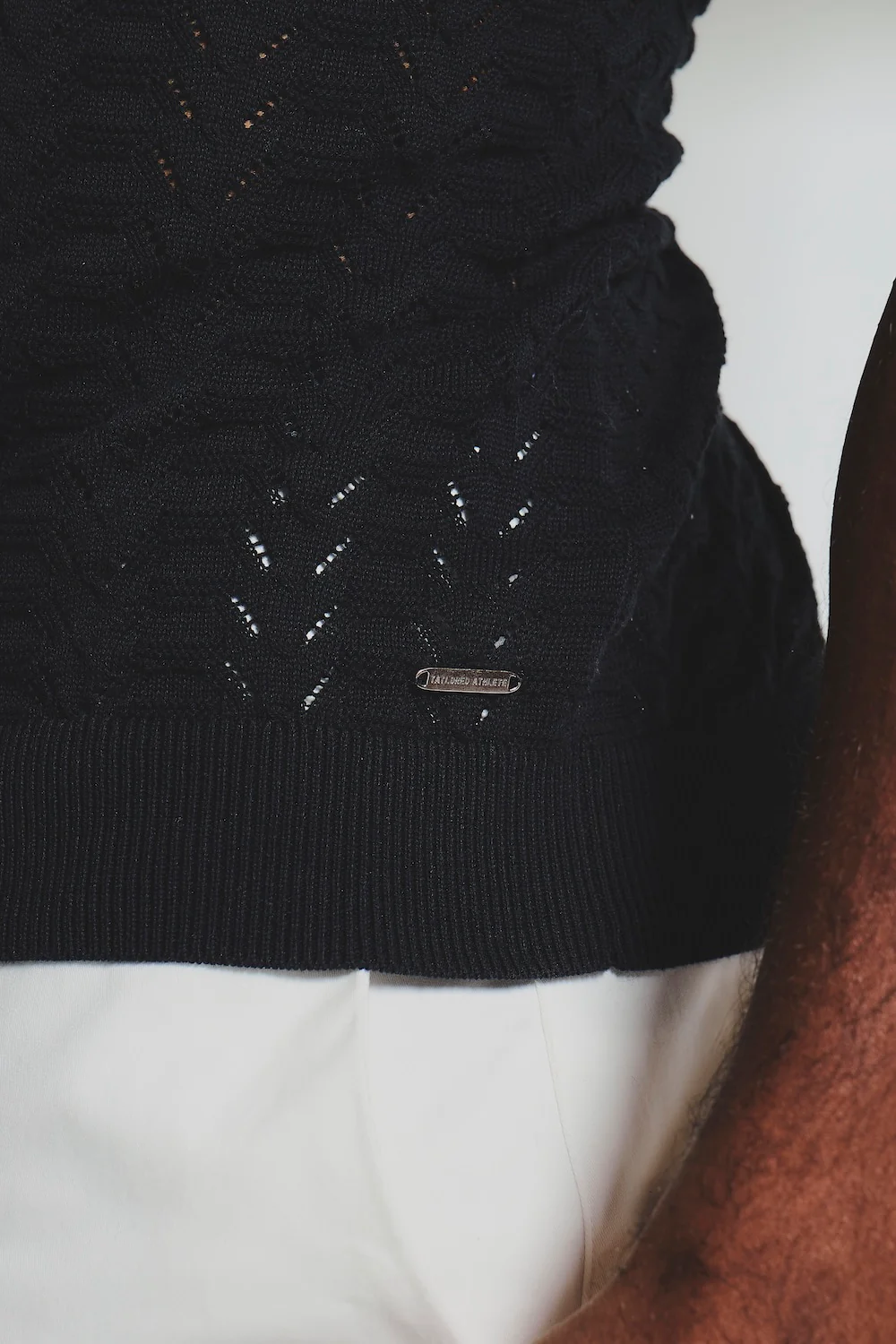 Pointelle Knitted Open Collar Polo Shirt in Black