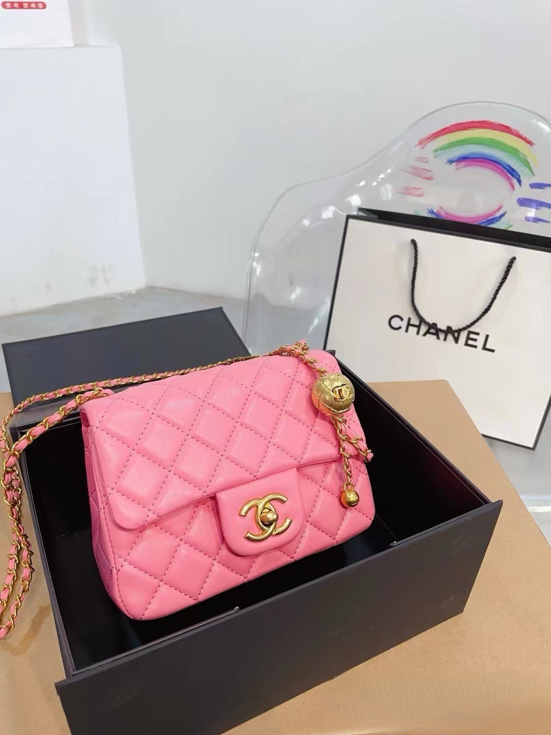 Chanel Mini Square CF 17CM Gold Ball Pearl Crush Quilted Leather Flap Chain Shoulder Bag - KAIROO