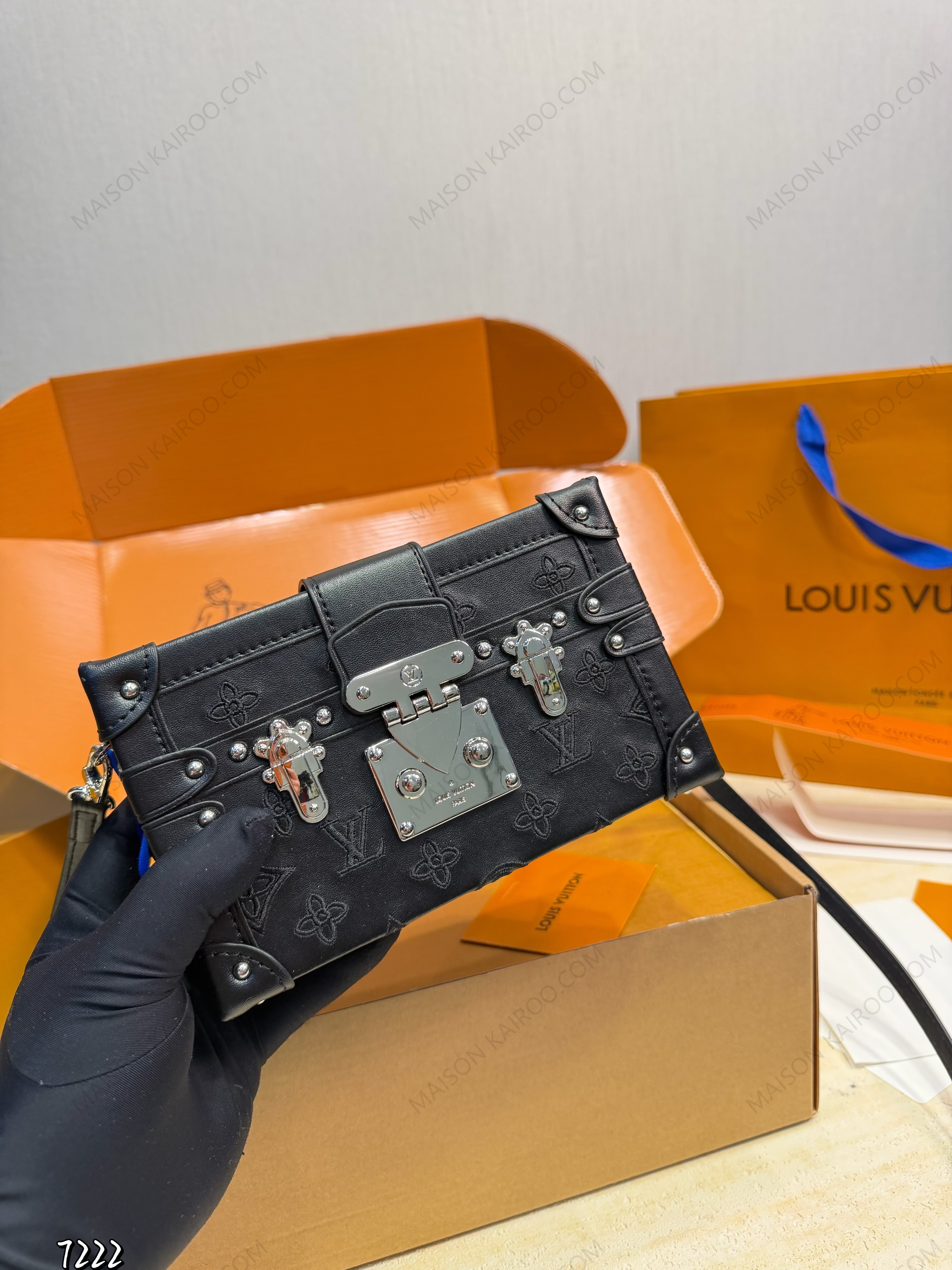 Louis Vuitton LV Petite Malle Trunk Full Black Stitched Embossed Monogram Leather Crossbody Bag - KAIROO