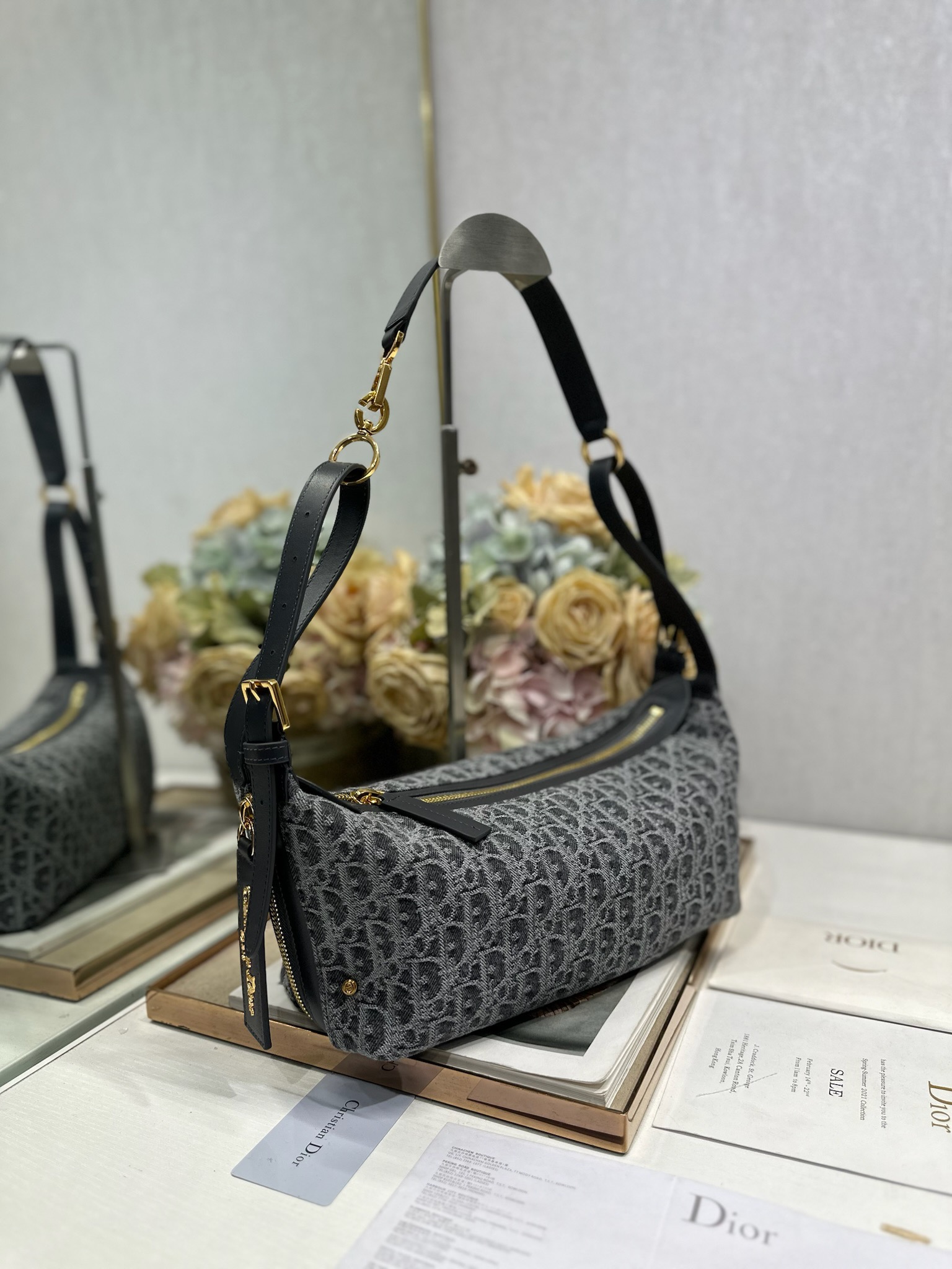 Dior D-Journey Small Shoulder Bag in Dark Grey Oblique Canvas and Leather
