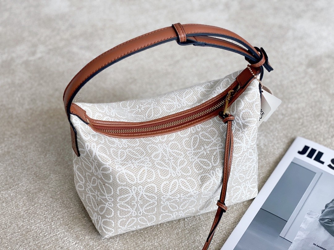 Loewe White Tan Anagram Jacquard Canvas Adjustable Leather Strap Lunch Cubi Bag - KAIROO