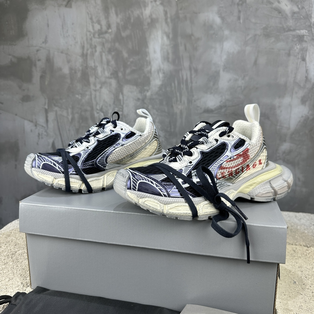 Balenciaga 3XL Silver Black Print Red Logo Mesh Polyurethane Wrapped Laces Oversized Chunky Sneakers - KAIROO