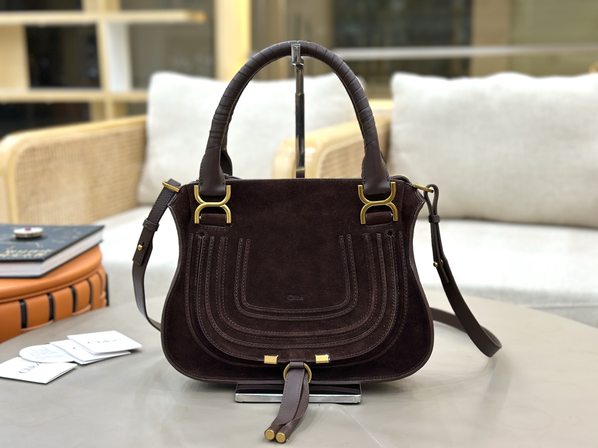 Chloe Small Marcie Bag in Suede Leather-Choclate