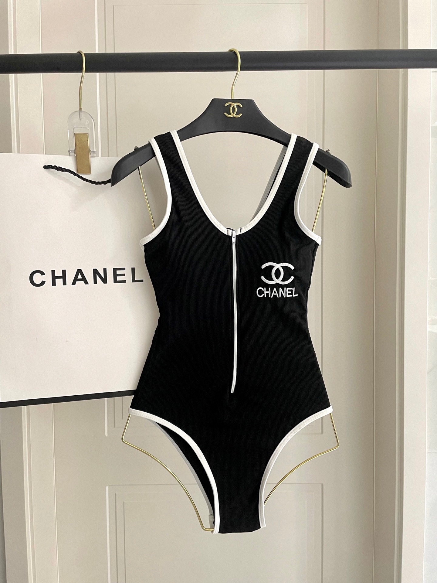 Chanel Logo Embroidered Ribbed Zip-Up One-Piece Swimsuit - KAIROO