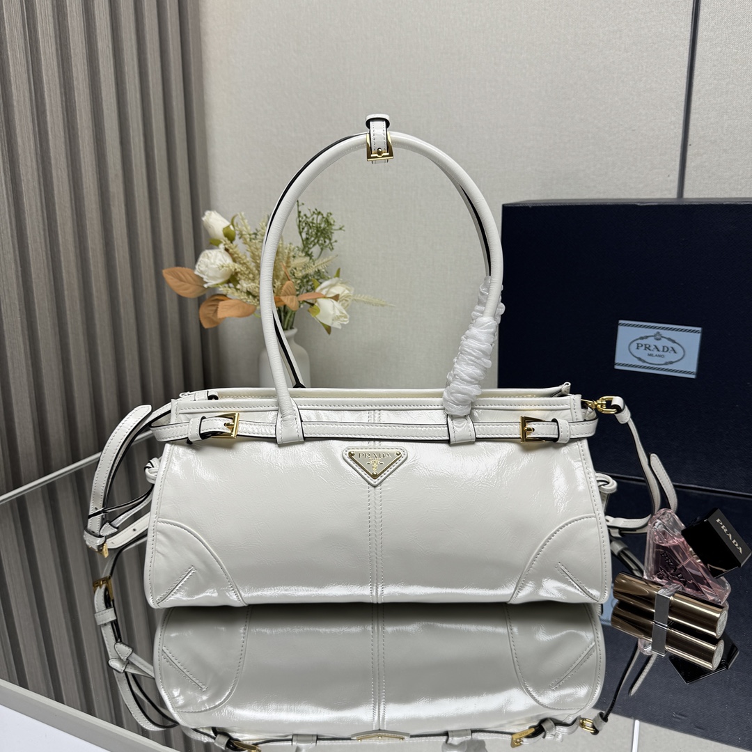 Prada Bonnie Medium Shiny Calfskin Tote-White
