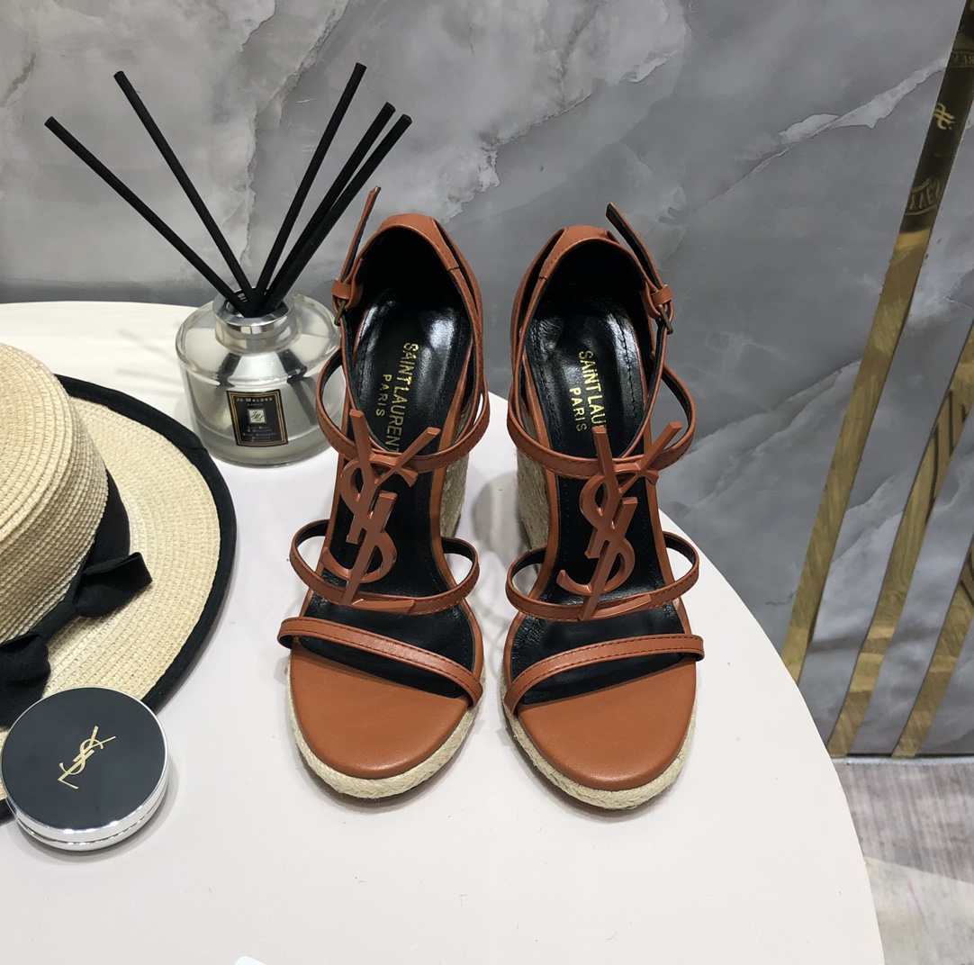 Saint Laurent Tan Cassandra YSL Monogram Strappy Ankle Strap Platform Woven Jute Wedge Heel Sandals - KAIROO
